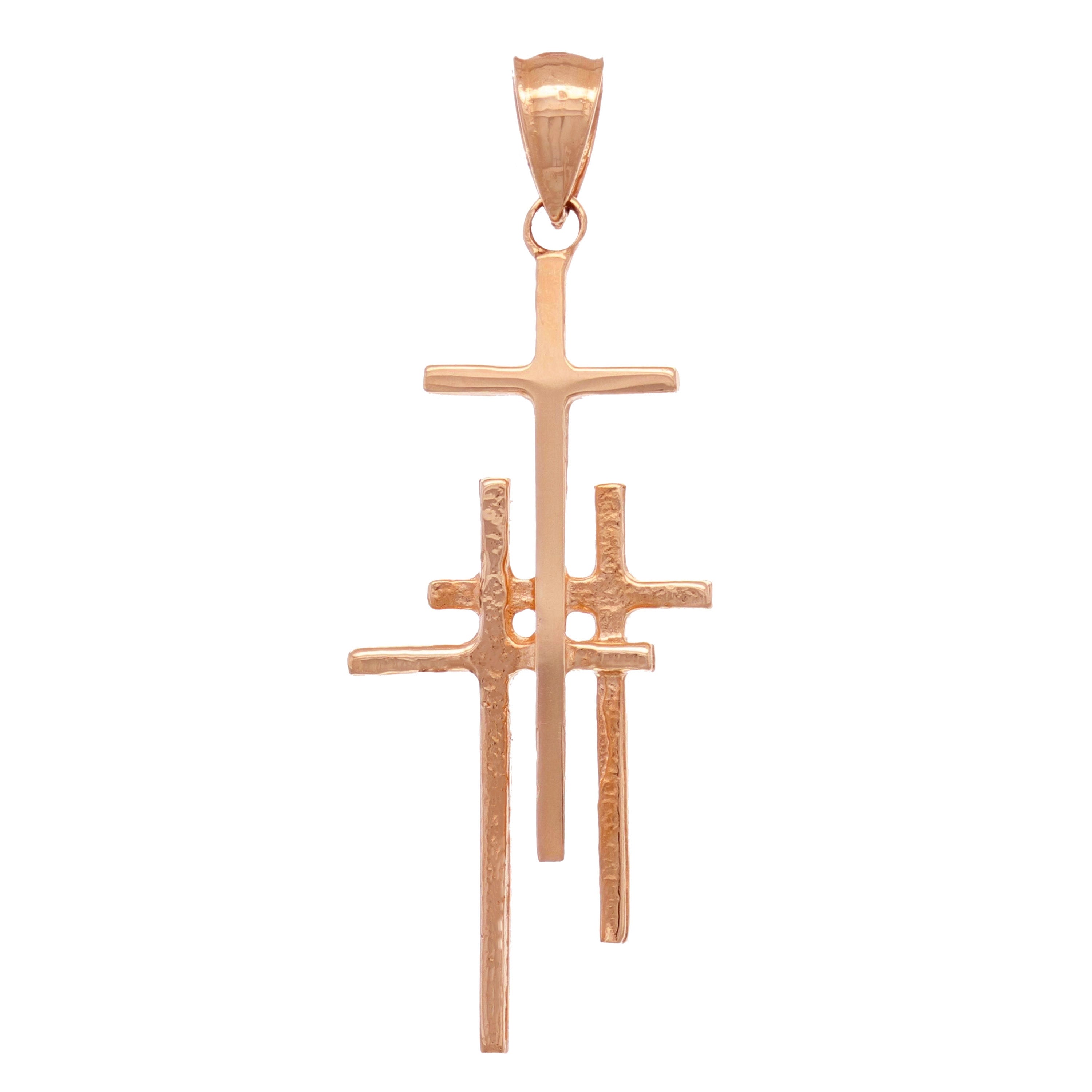 14k Rose Gold Solid Religious Calvary 3 Cross Charm Pendant 1.48" 2.1 grams - Rose