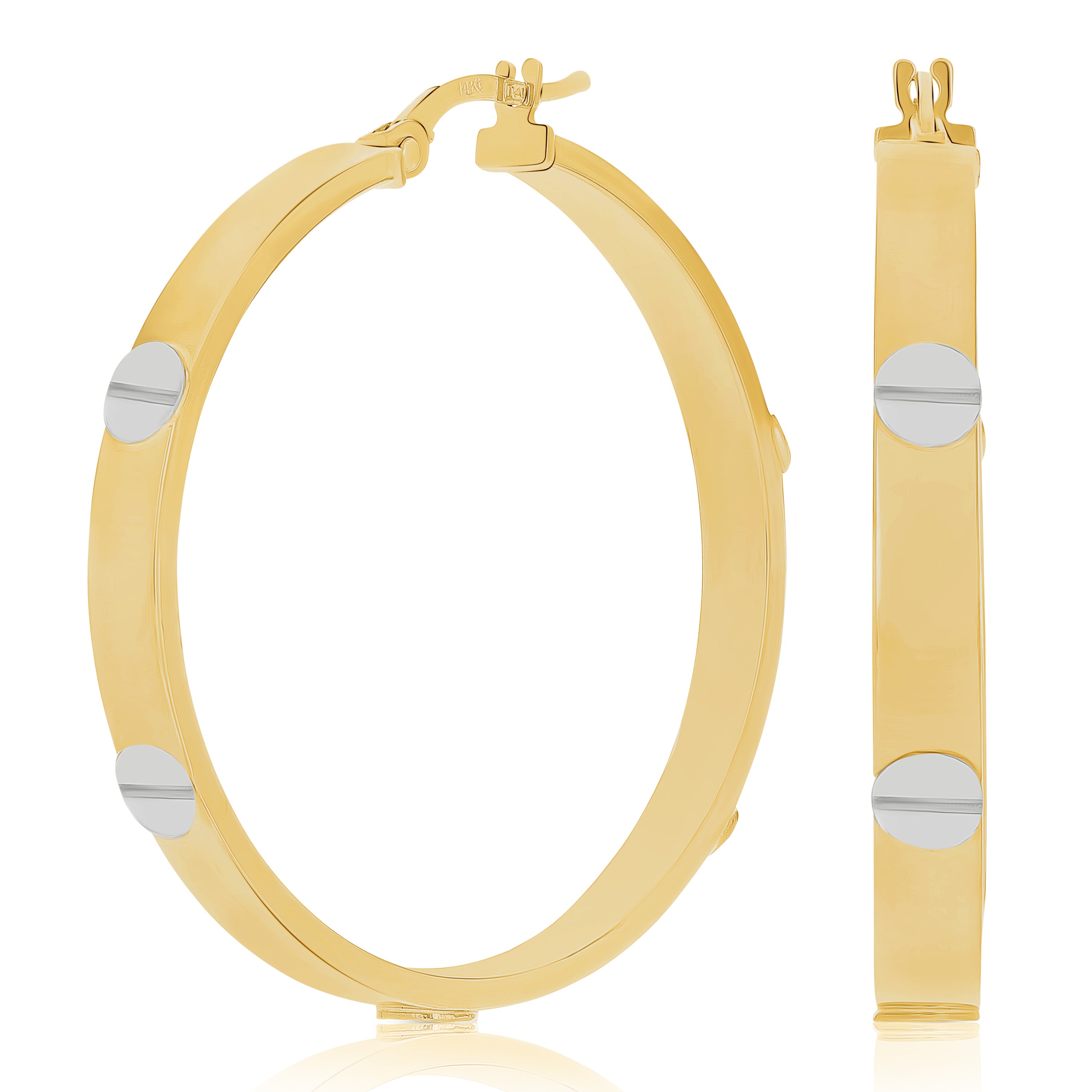 Italian 14k Yellow & White Gold Love Screw Design Large Hollow Hoop Earrings - Style3 Large