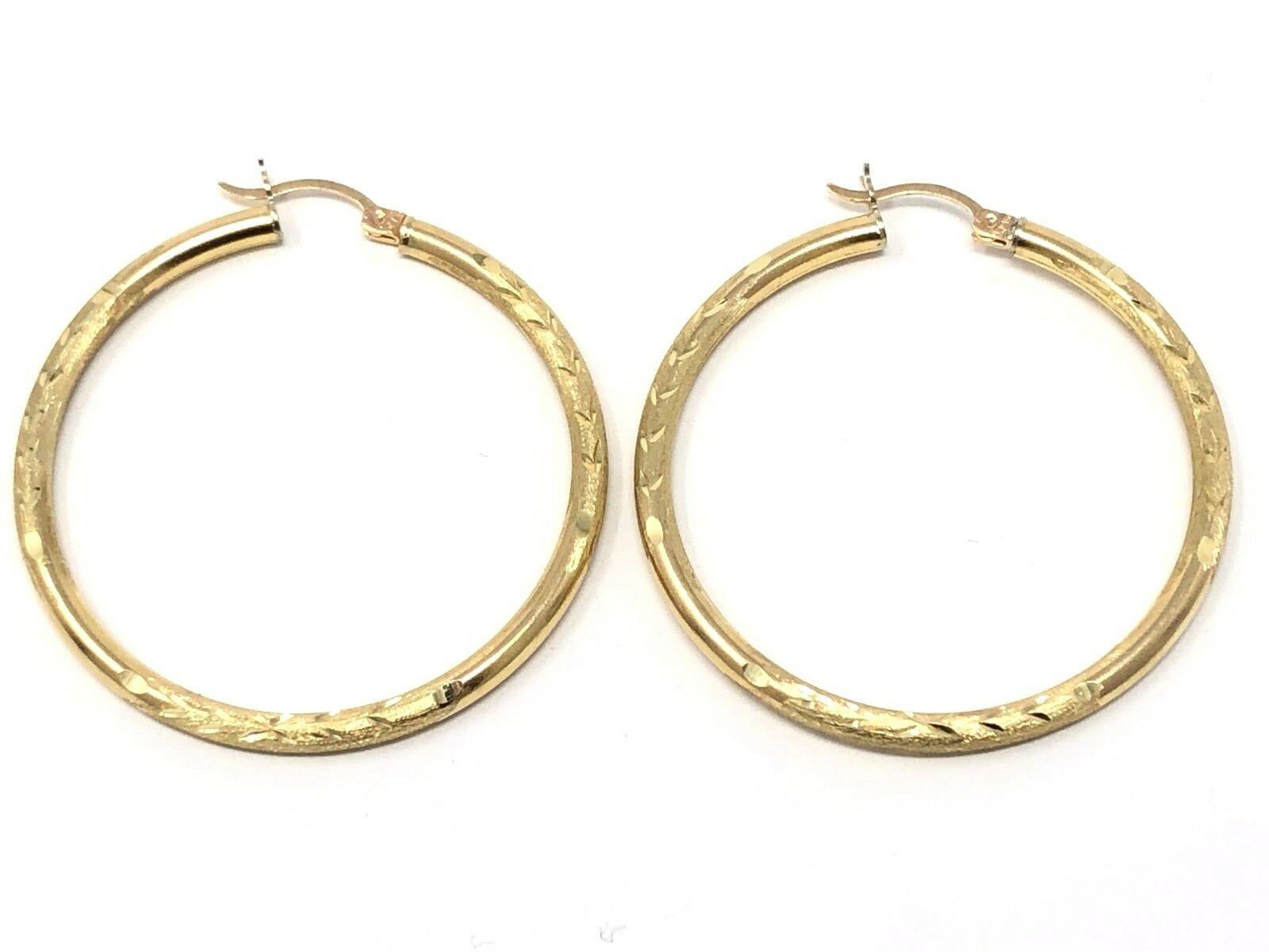 14k Yellow Gold Hollow Diamond Cut Hoop Loop Round Earrings 1.75" 3.1mm 4 grams