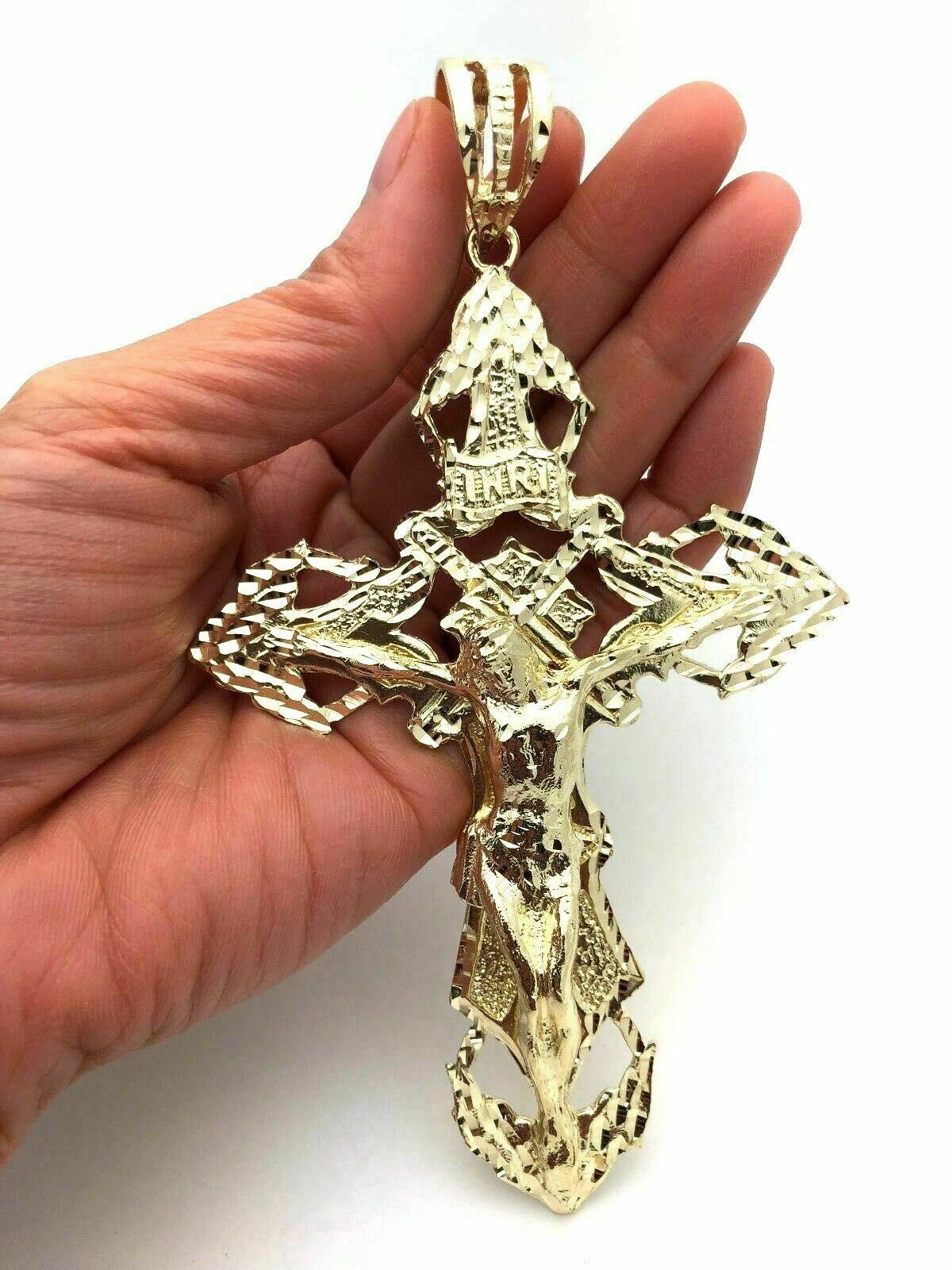 14k Yellow Gold Religious INRI Jesus Christ 3D Big Cross Pendant 5.25"-57.7grams