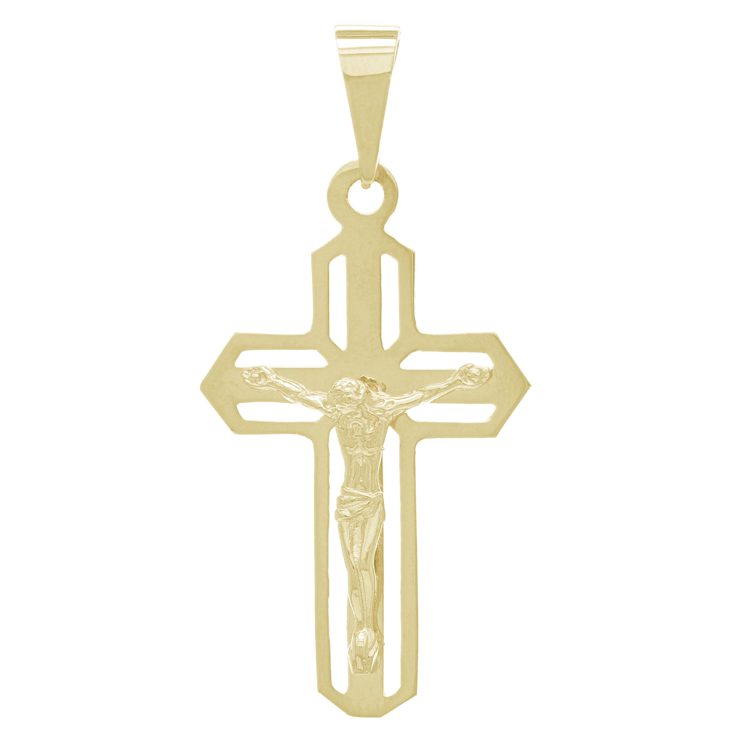14k Yellow Gold Open Cutwork Jesus on Cross Artisan Crucifix Charm Pendant - Yellow