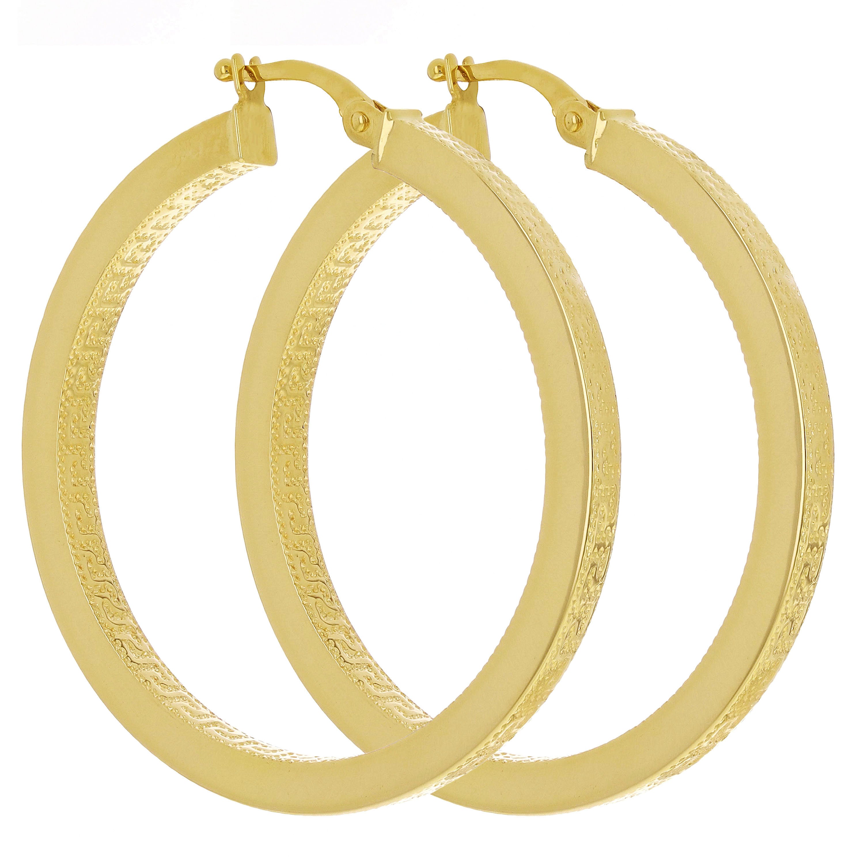 Italian 14k Yellow Gold Greek Key Hollow Hoop Earrings 1.2" 3mm 3.2 grams