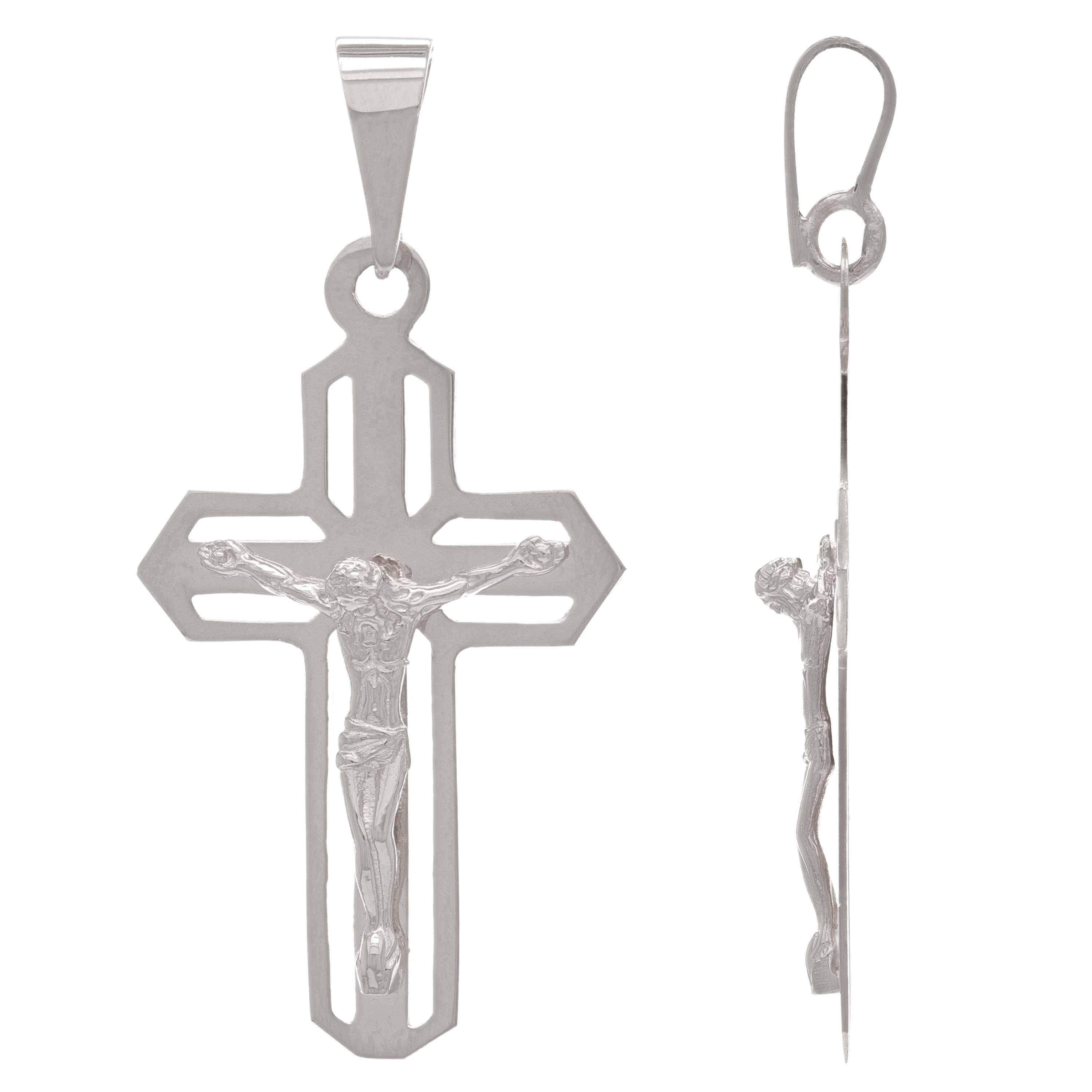 14k White Gold Open Cutwork Jesus on Cross Artisan Crucifix Charm Pendant - White