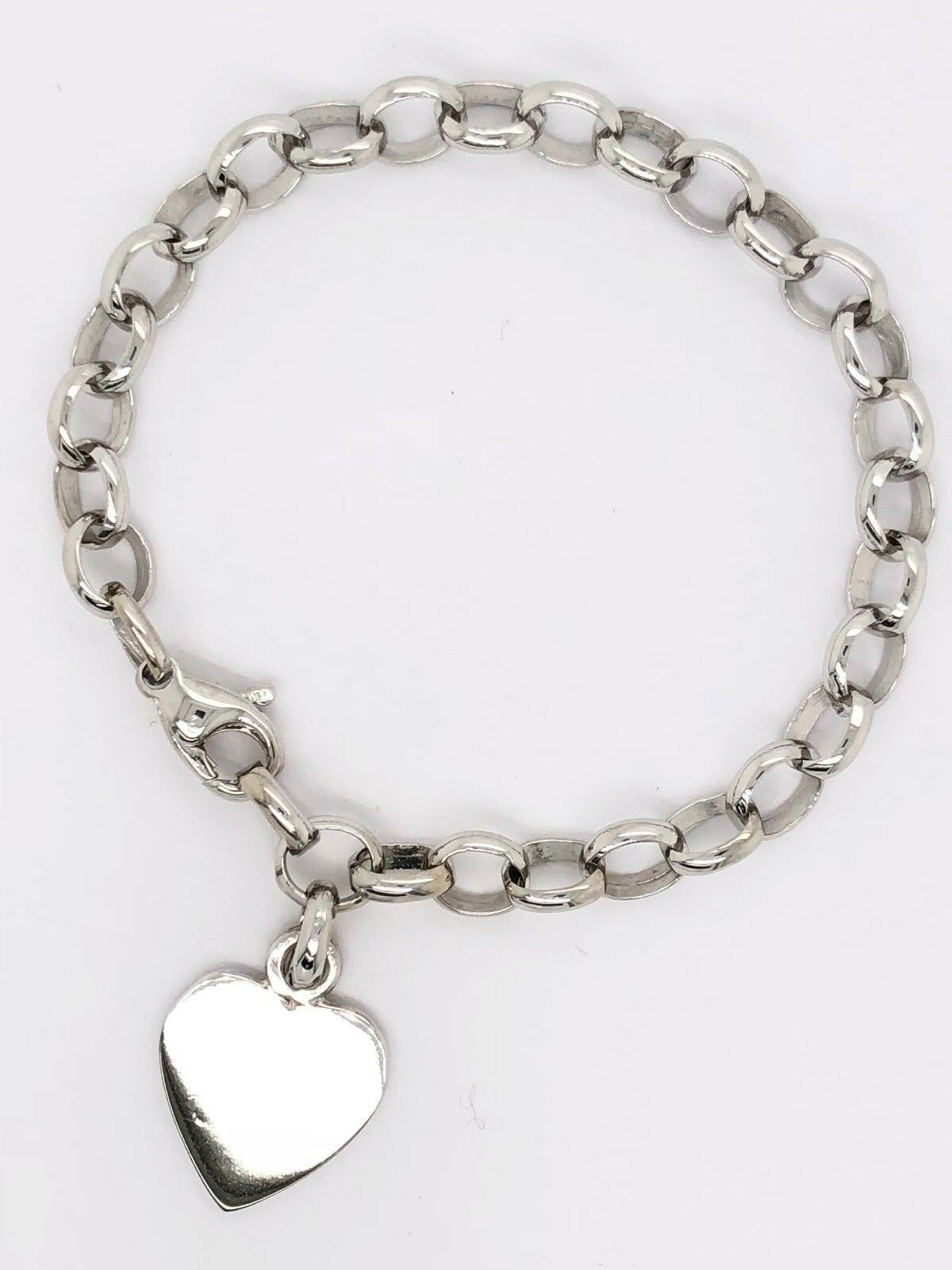 14k White Gold Oval Rolo Link Chain Heart Charm Bracelet 8" 18 grams