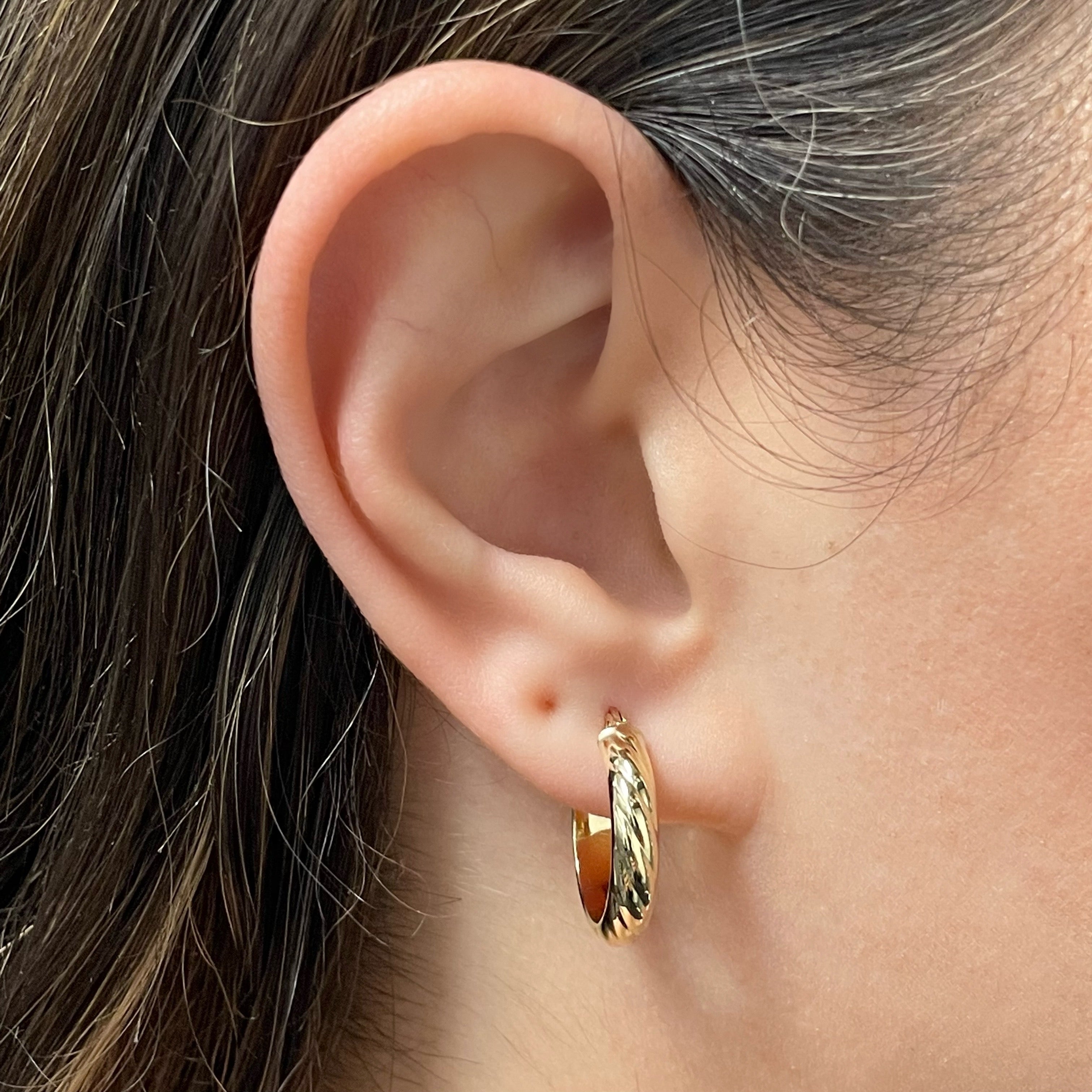 Italian 14k Yellow Gold Rope Design Small Wide Hollow Hoop Earrings