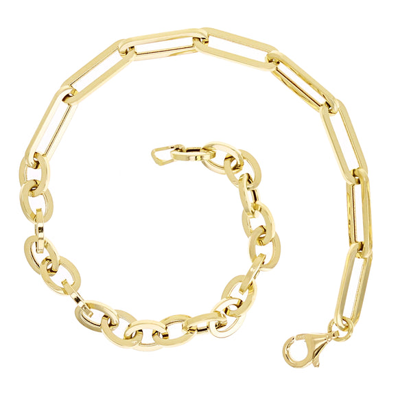 Italian 14k Yellow Gold Oval & Paper Clip Link Chain Bracelet 7.5