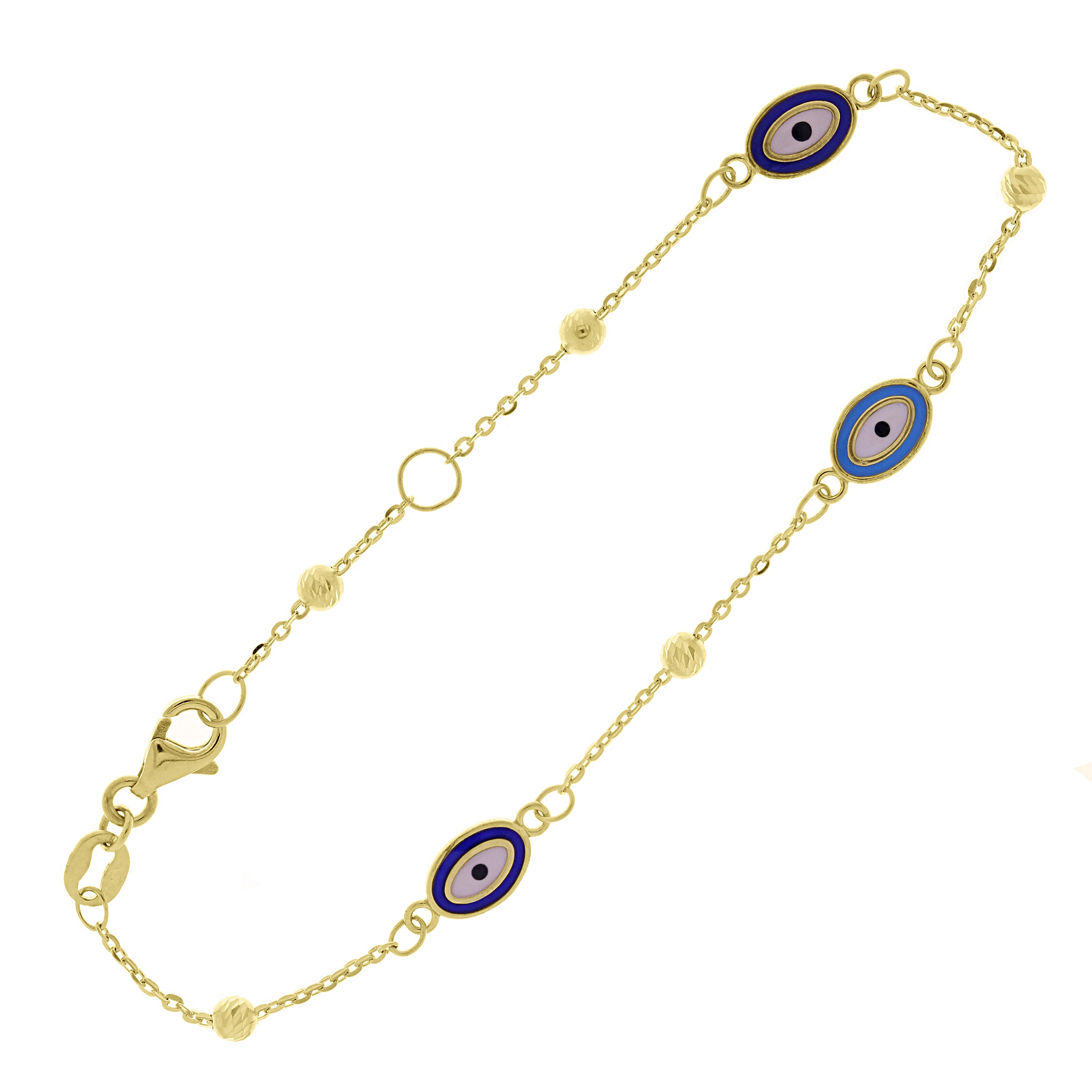 Italian 14k Yellow Gold Enamel Evil Eye Station Bracelet 7" 2.2 grams - 3 Oval Dark and Light Eyes