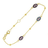 Italian 14k Yellow Gold Enamel Evil Eye Station Bracelet 7" 2.2 grams - 3 Oval Dark and Light Eyes