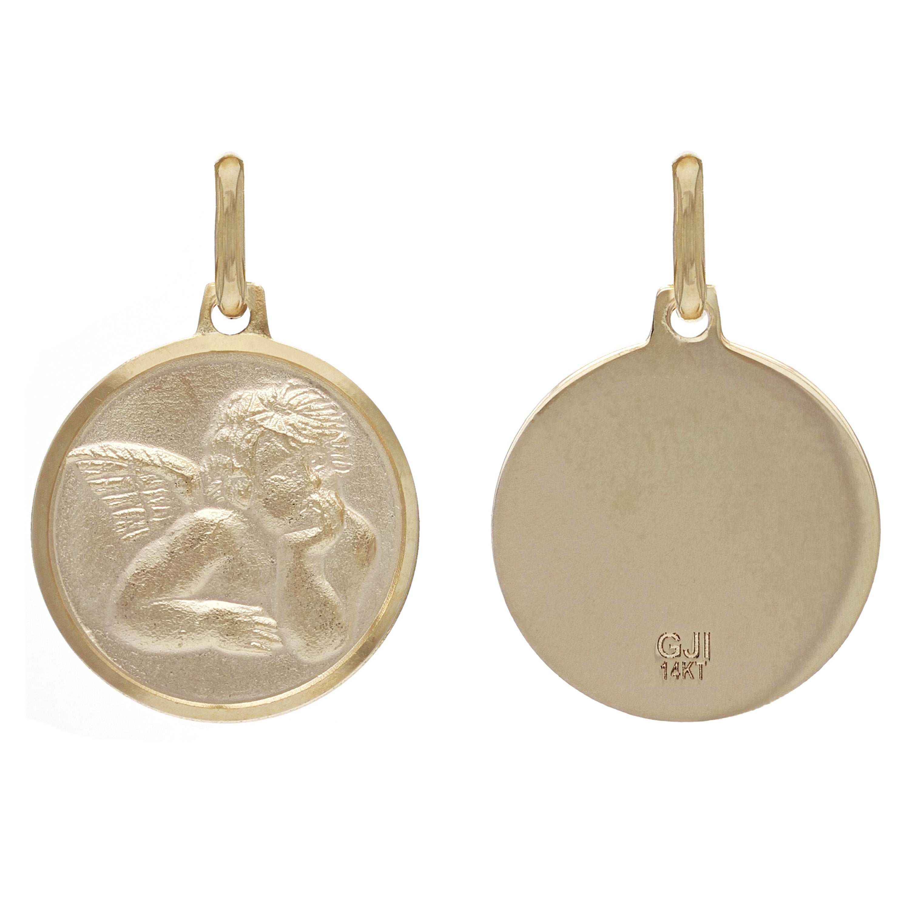 14k Yellow Gold Embossed Cherub Charm Round Medal Pendant 1.9 grams
