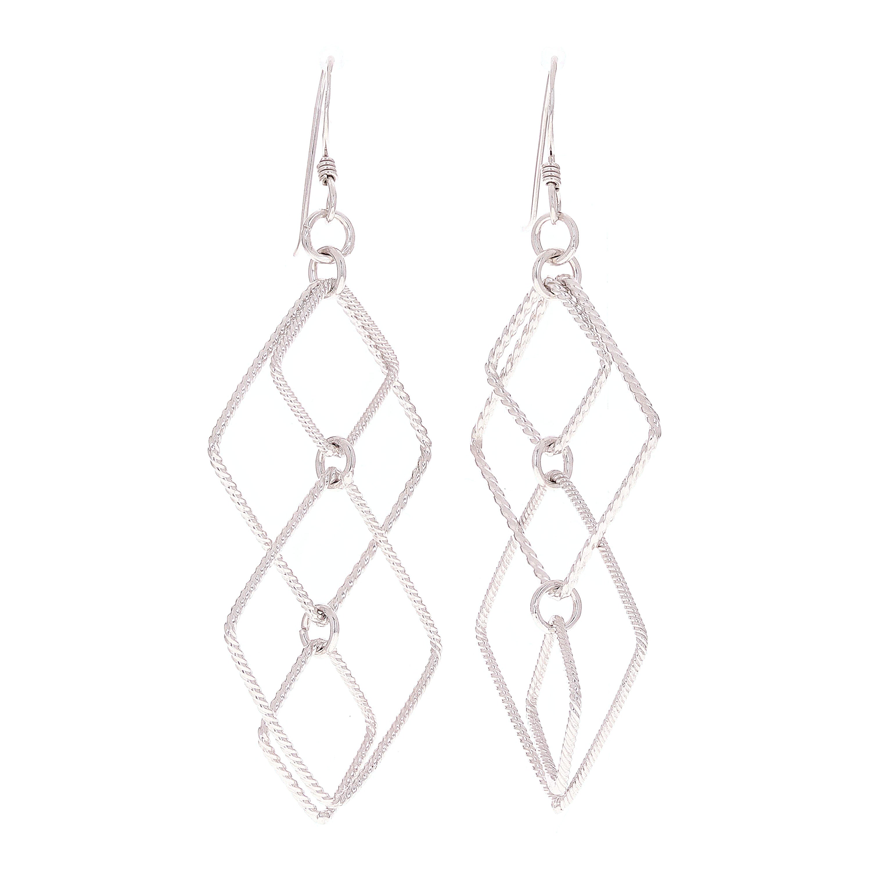 Sterling Silver Diamond-Shaped Link Long Dangle Earrings 2.7"