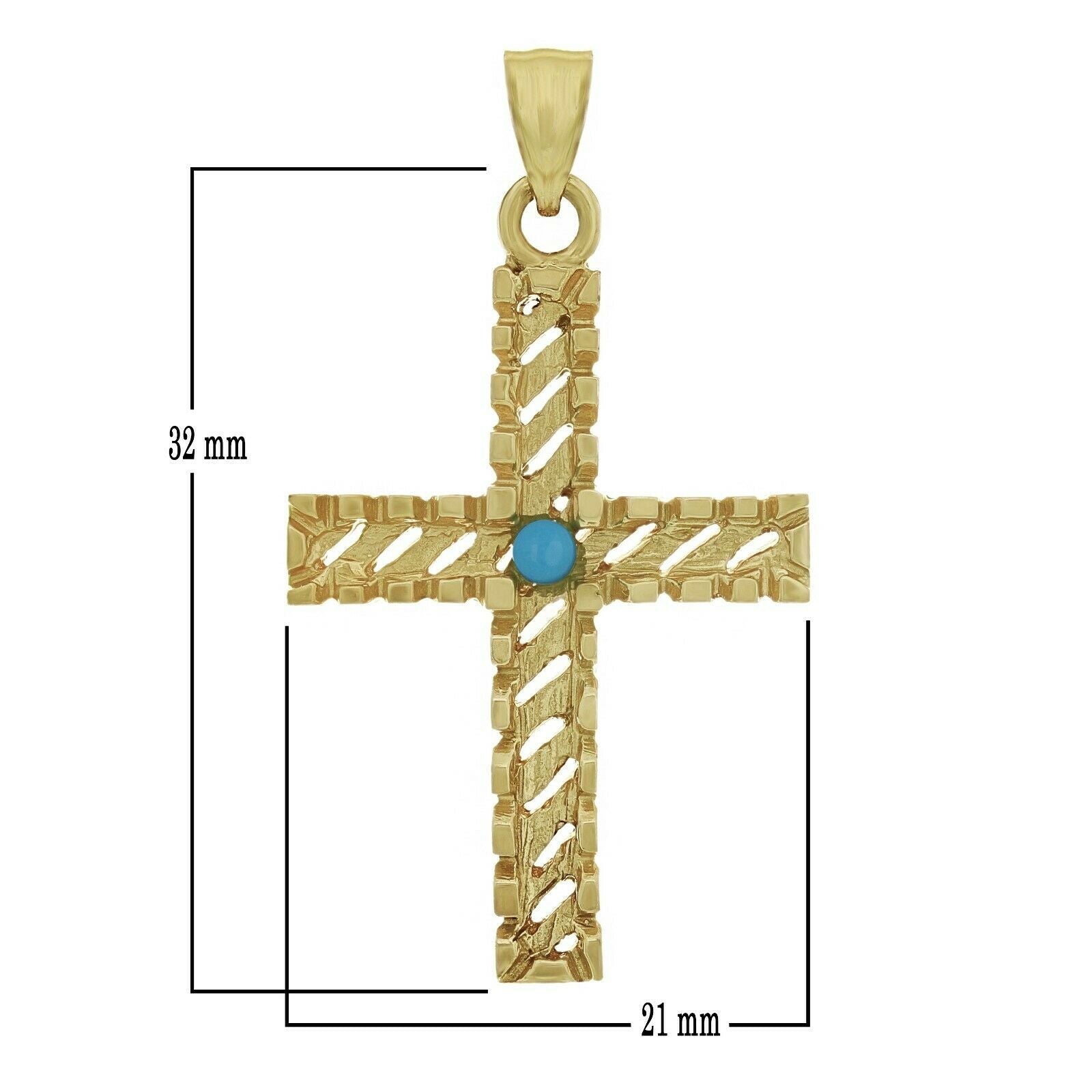 14k Yellow Gold Cross with Turquoise Diamond Cut Charm Pendant 1.45" 3.3 grams
