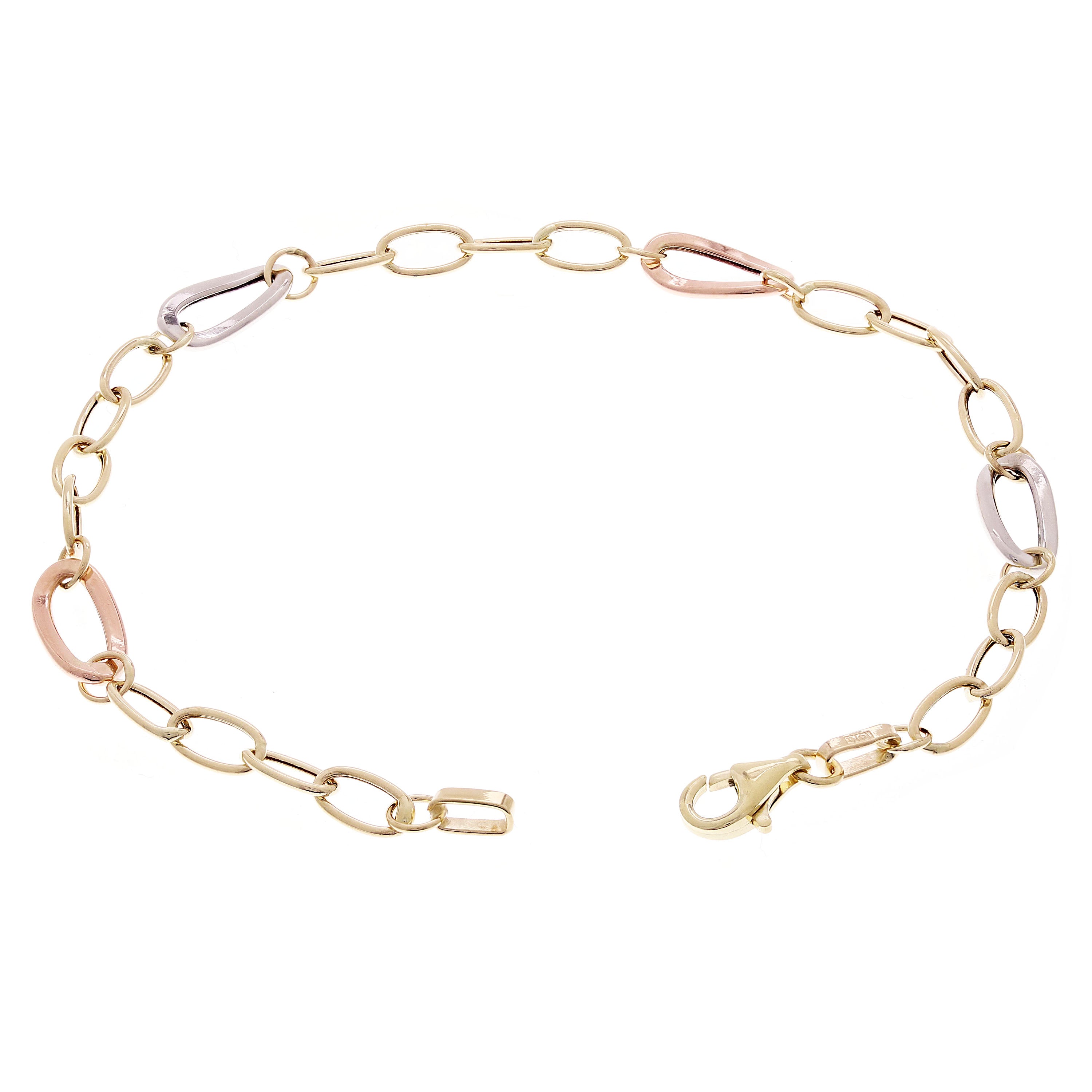 Italian 14k Tri Color Gold Hollow Oval Link Bracelet 7.5" 6mm 2.3 grams
