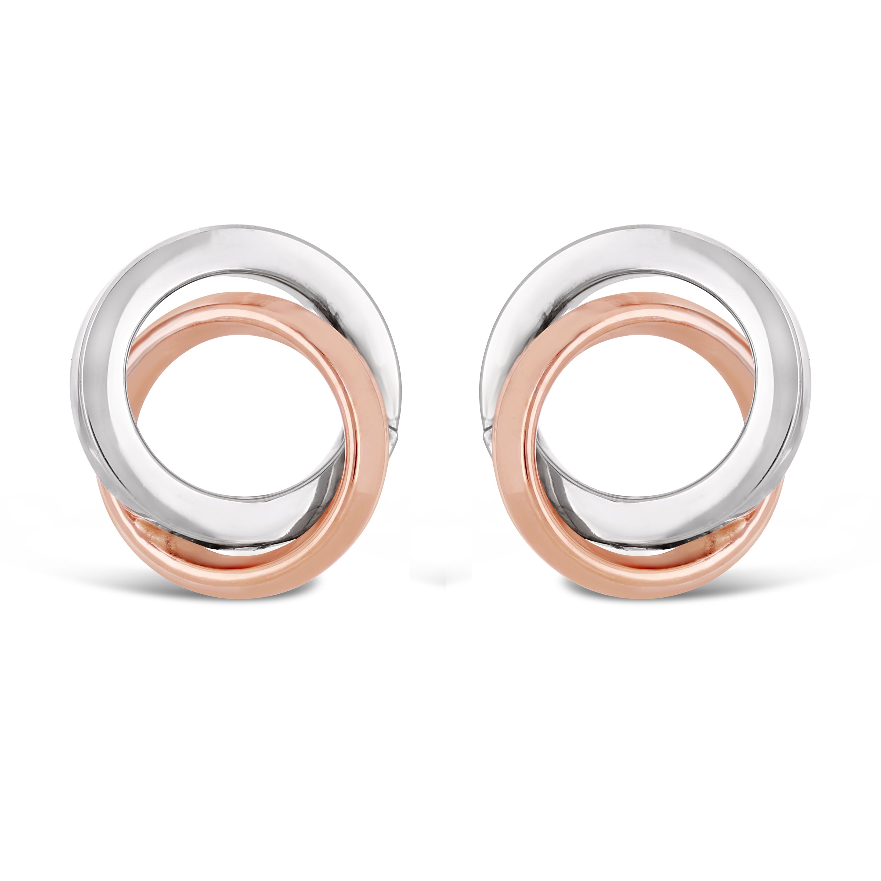 Italian 14k White & Rose Gold Shiny Tubular Double Eternity Circle Stud Earrings - Square Tubular