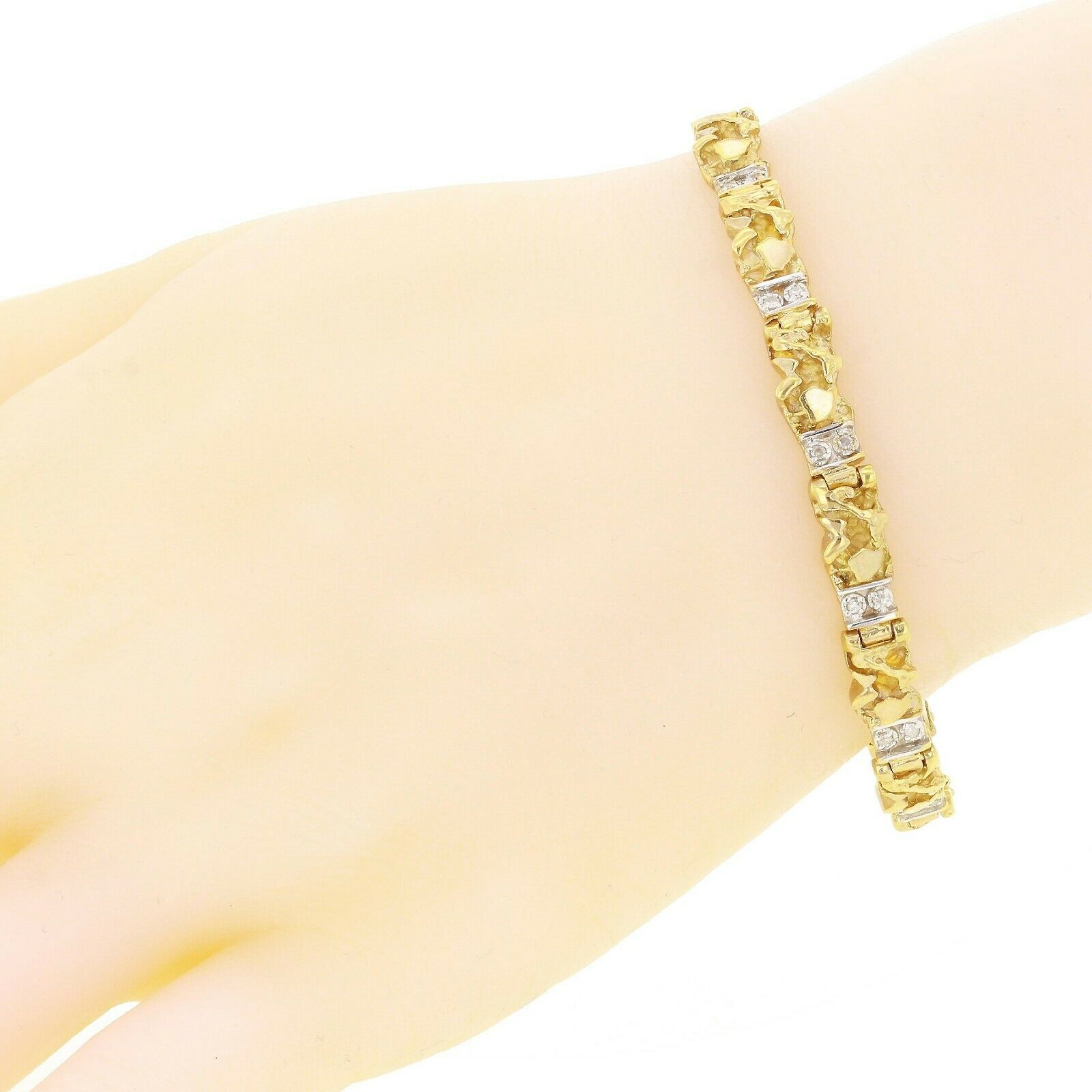 10k Yellow Gold Nugget Bracelet with Natural Round Diamonds 7.75" 6mm