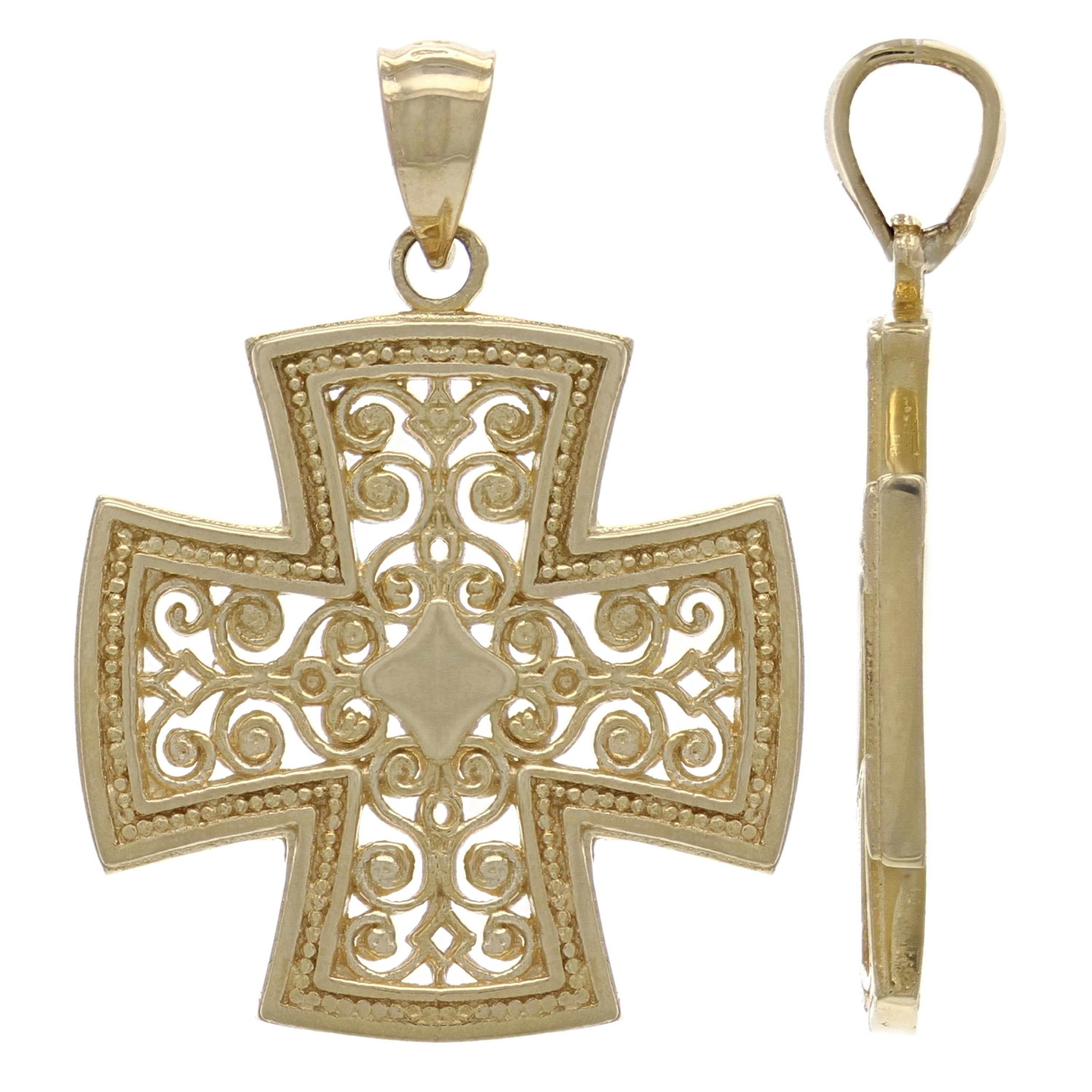 14k Yellow Gold Filigree Religious Cross Pendant - Yellow