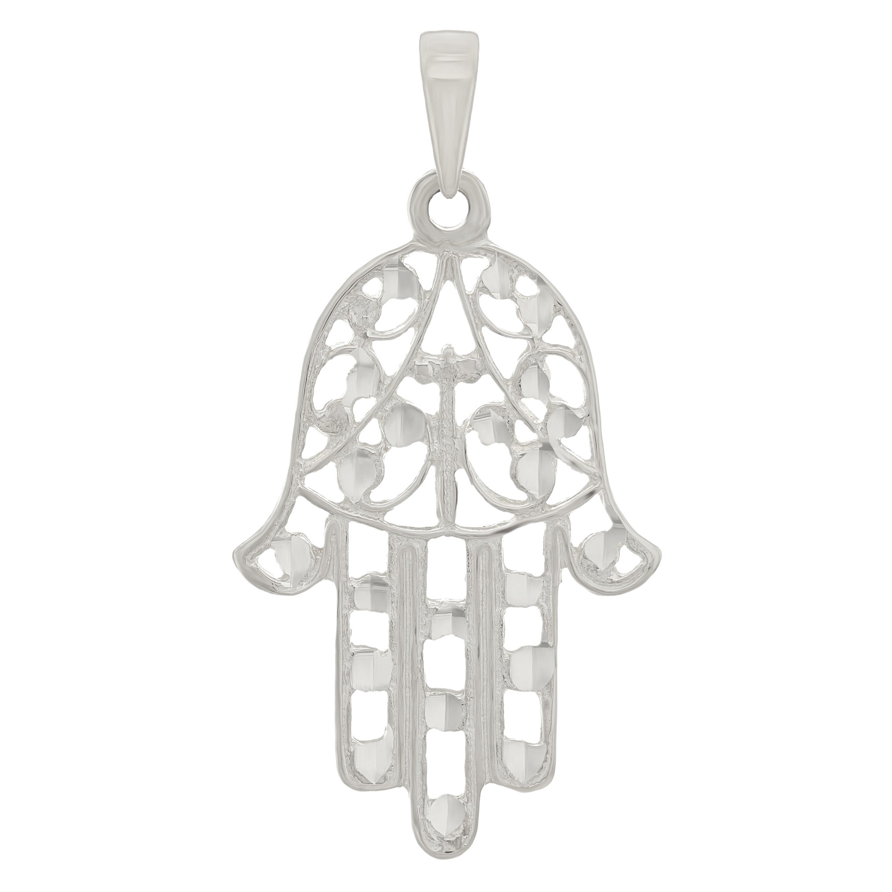 14k White Gold Hamsa Hand Of Fatima Evil Eye Pendant - White