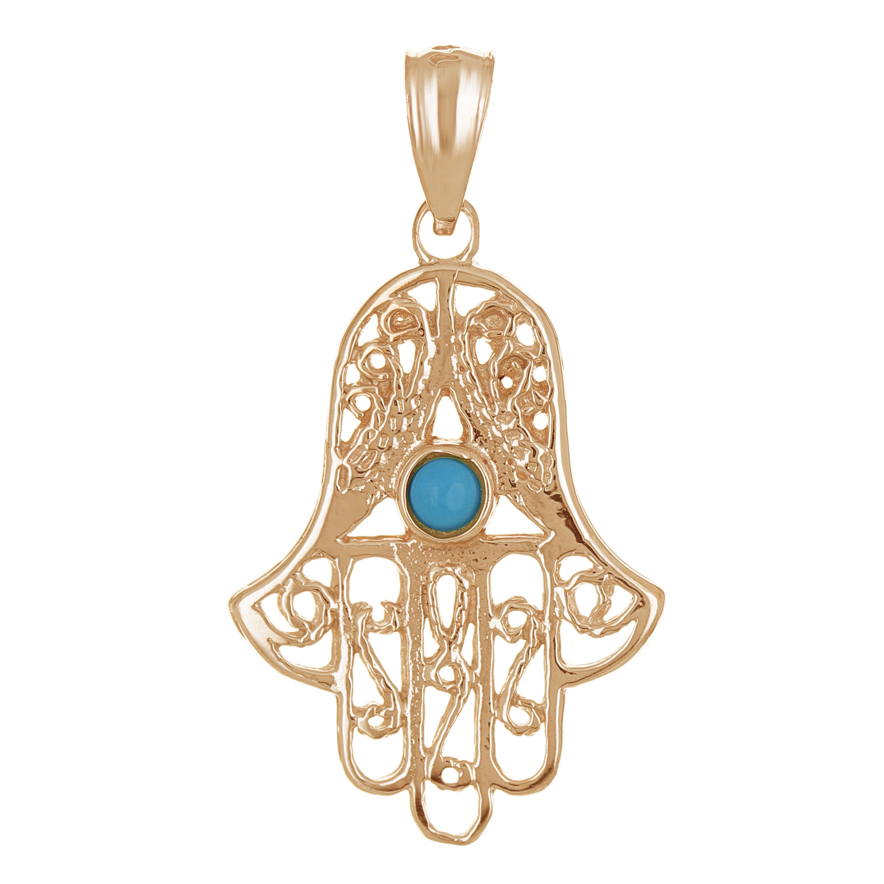 14k Rose Gold Hamsa Hand Of Fatima Charm Pendant with Turquoise Evil Eye 2 grams - Rose