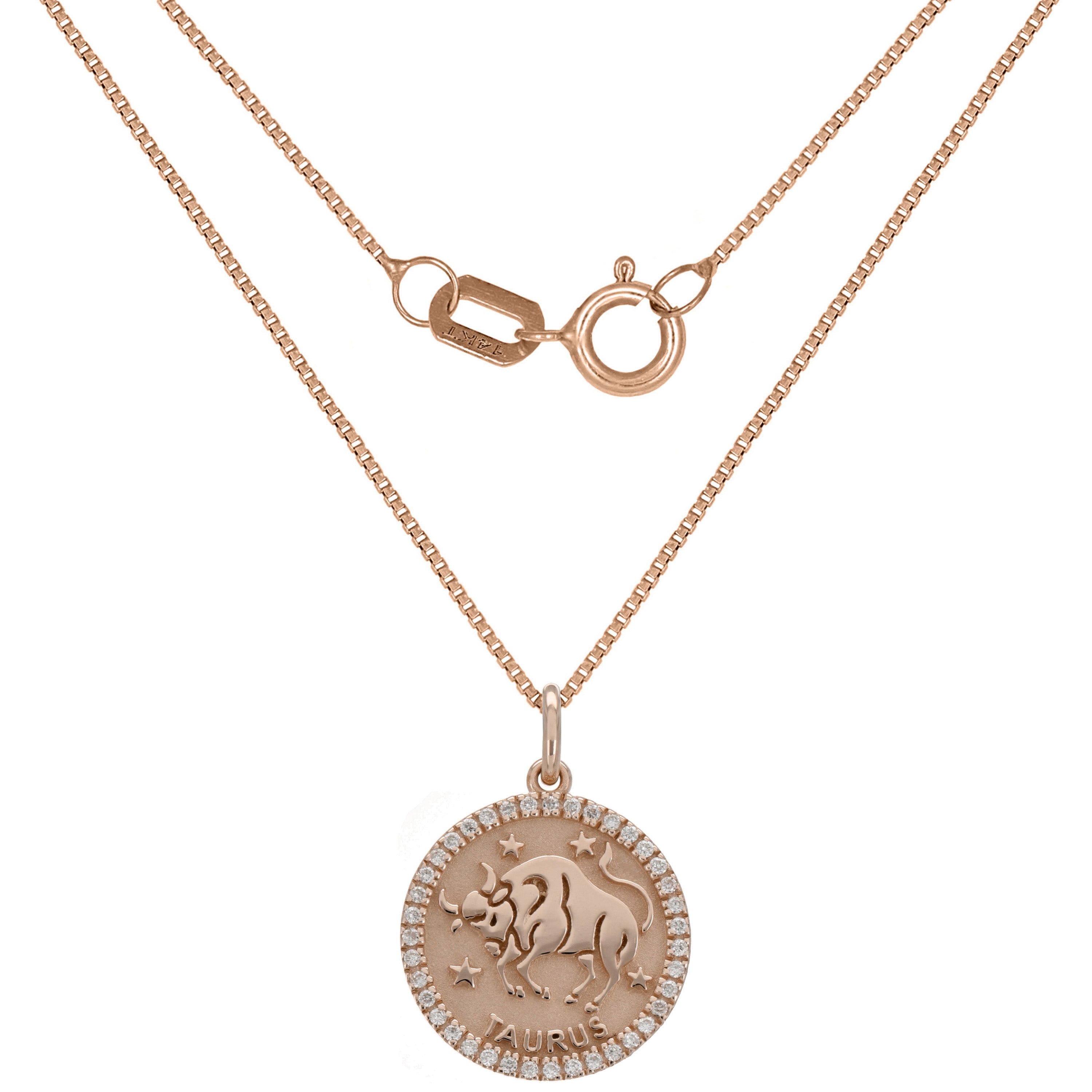 14k Rose Gold  Diamond Zodiac Sign Taurus Pendant Necklace 18" - Taurus,Rose