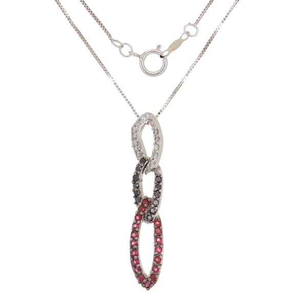 14k White Gold 0.25ctw Ruby, Black & White Diamond Dangle Pendant Necklace 18