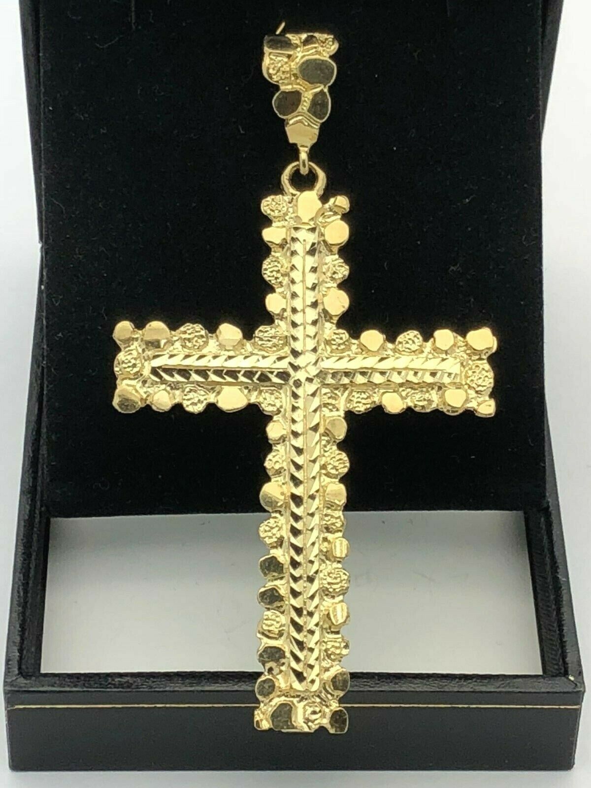 10k Yellow Gold Nugget Cross Pendant Diamond Cut BIG 3.25" 11.6 grams