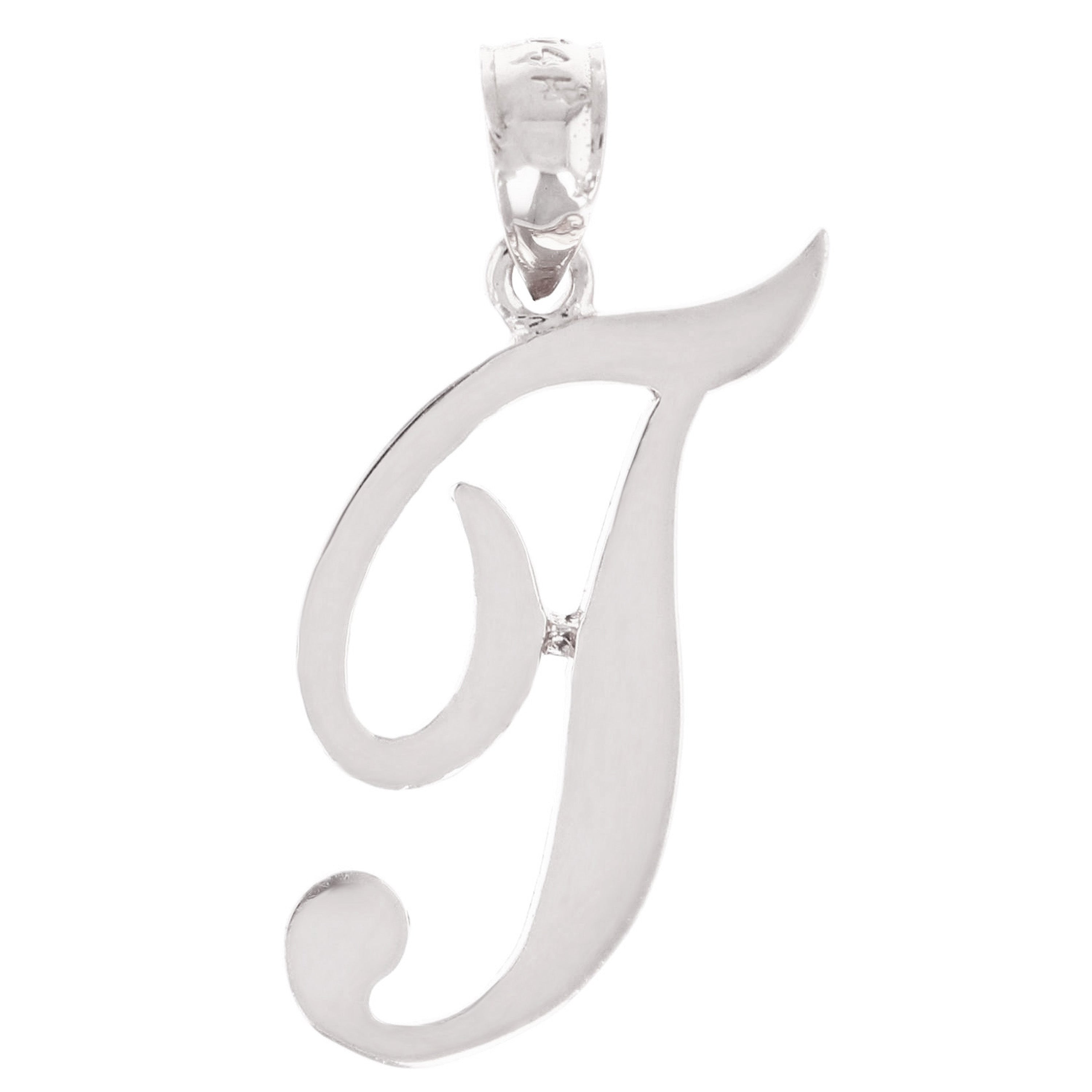 14k White Gold Initial Letter T Alphabet Charm Pendant - Letter T,White
