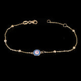 Italian 14k Yellow Gold Enamel Evil Eye Station Bracelet 7.5" 1.8 grams - 1 Light Blue  Eye