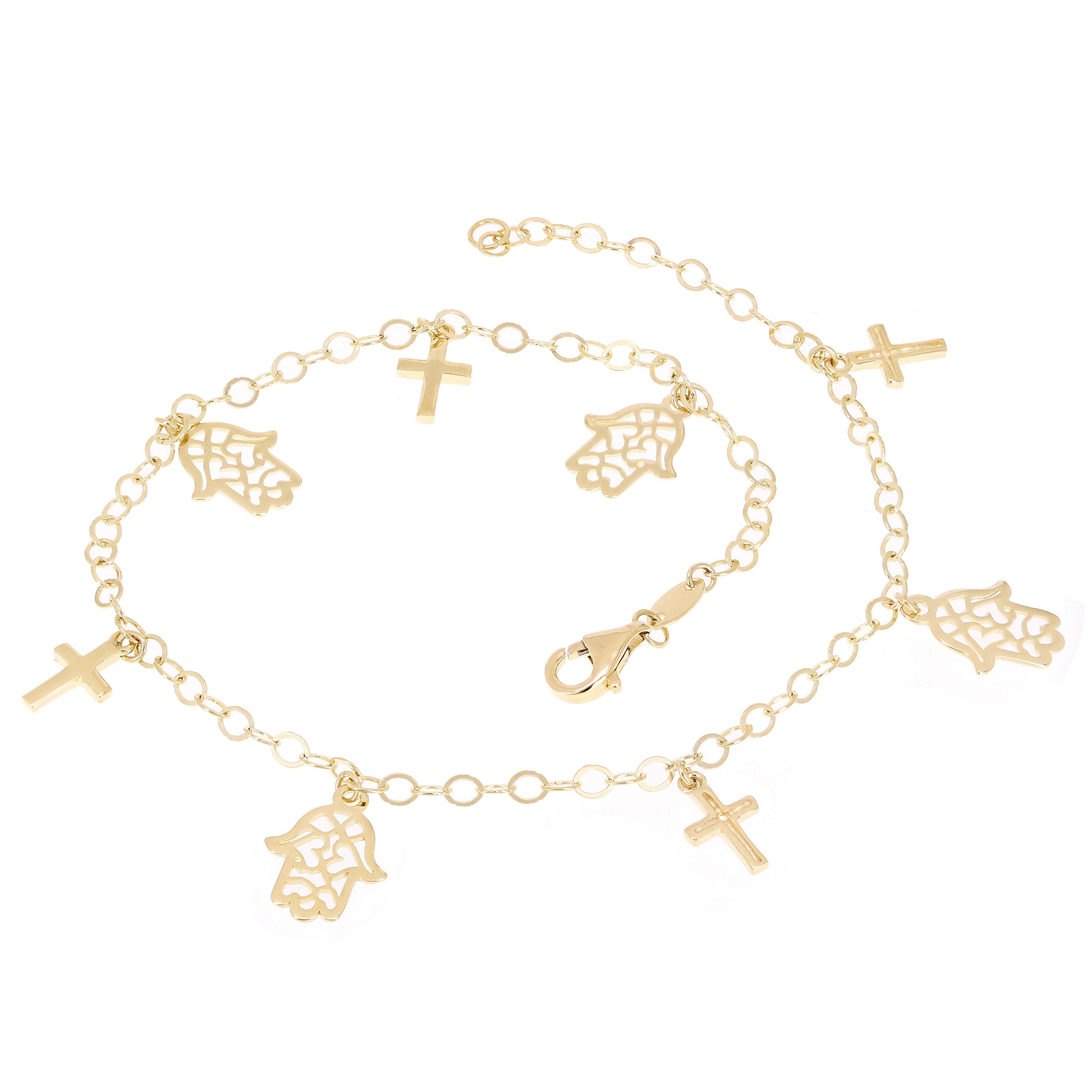 Italian 14k Yellow Gold Cross & Hamsa Charm Anklet/Bracelet 10" 4 grams