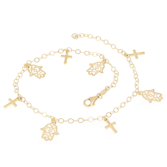 Italian 14k Yellow Gold Cross & Hamsa Charm Anklet/Bracelet 10