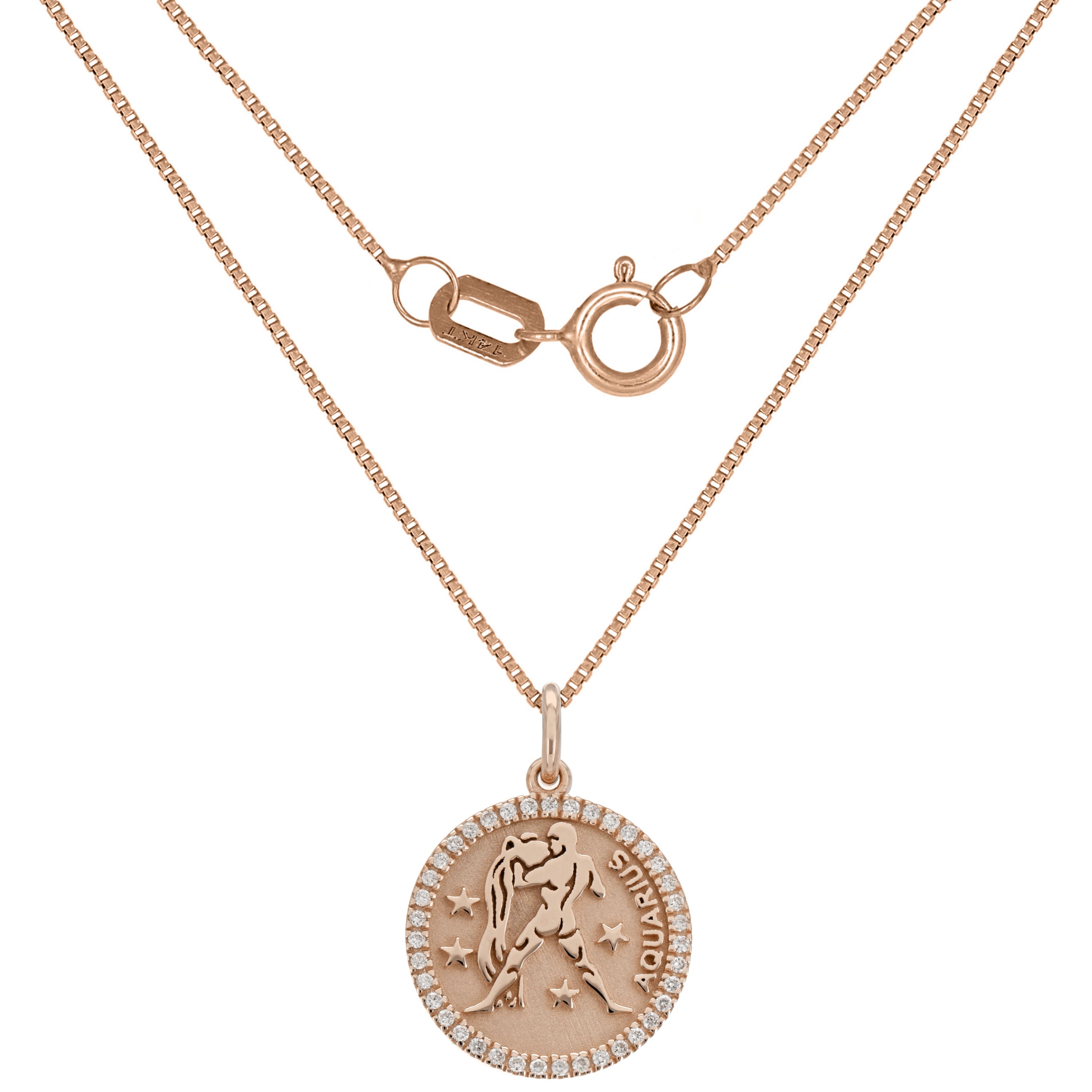 14k Rose Gold  Diamond Zodiac Sign Aquarius Pendant Necklace 18" - Aquarius,Rose