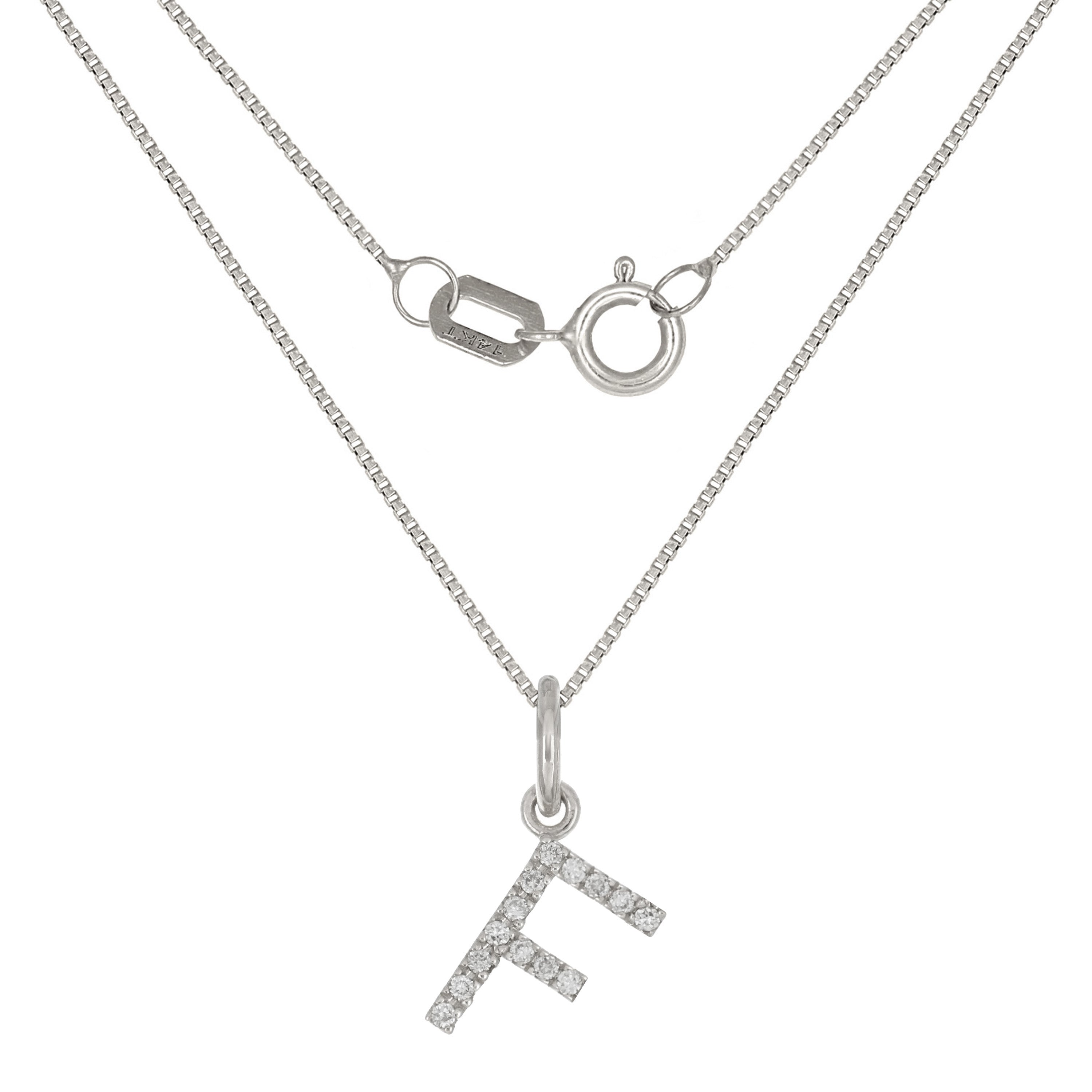 14k White Gold Diamond Initial Letter F Charm Pendant Necklace 18" - Letter F,White