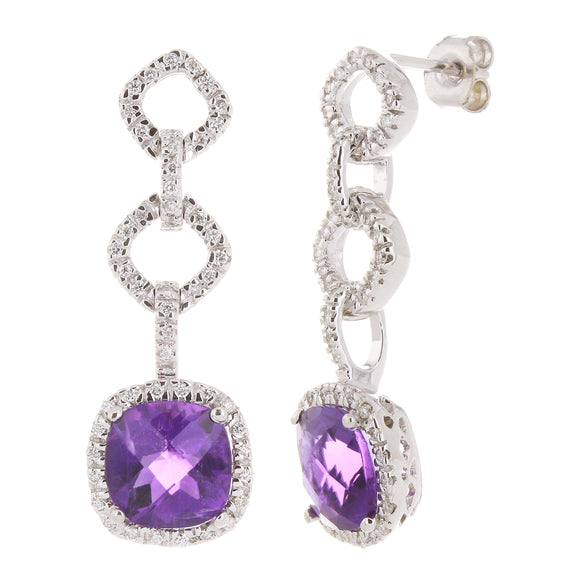 18k White Gold 0.51ctw Amethyst & Diamond Linear Dangle Earrings