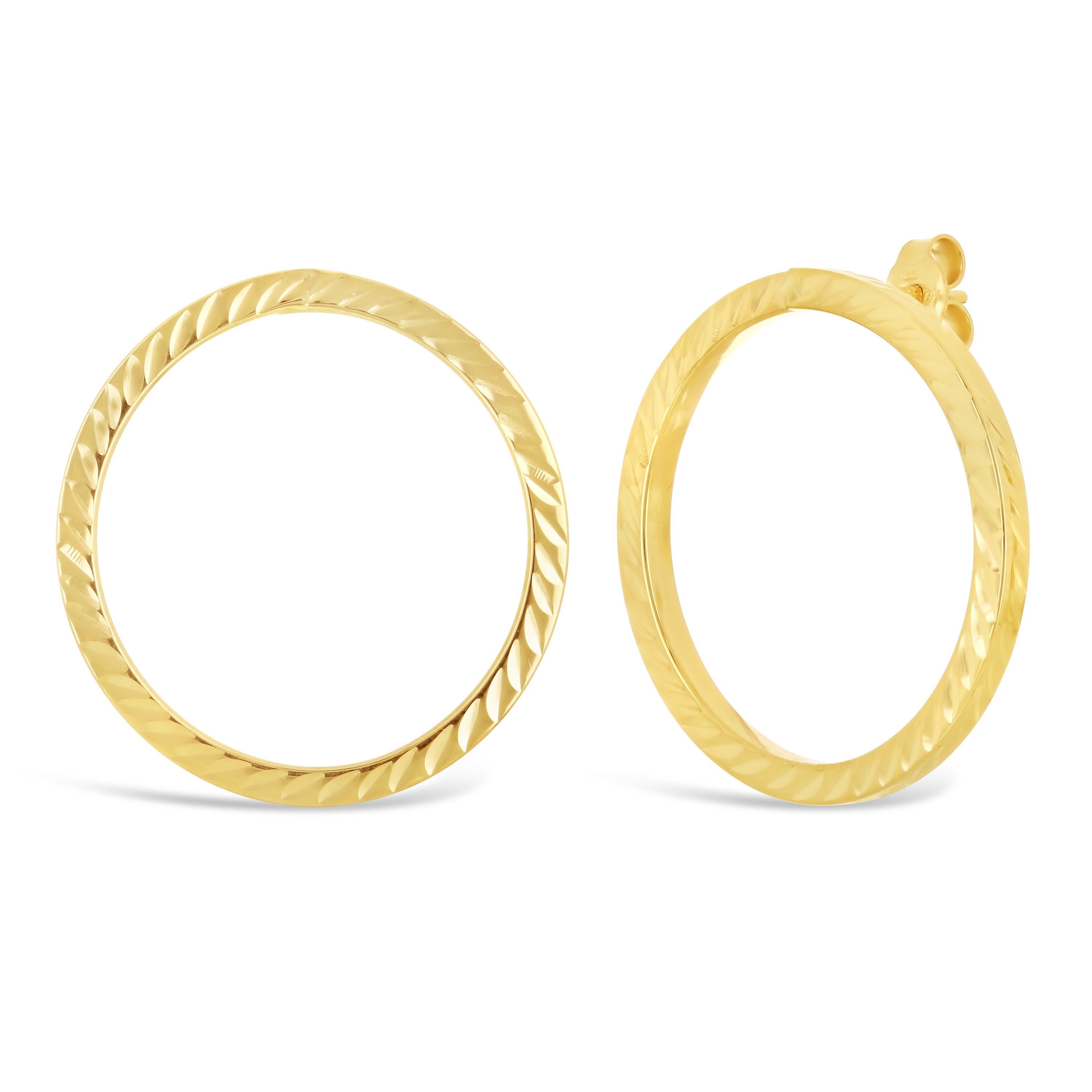 Italian 14k Yellow Gold Slim Diamond-Cut Eternity Circle Drop Hoop Stud Earrings - Shiny Yellow