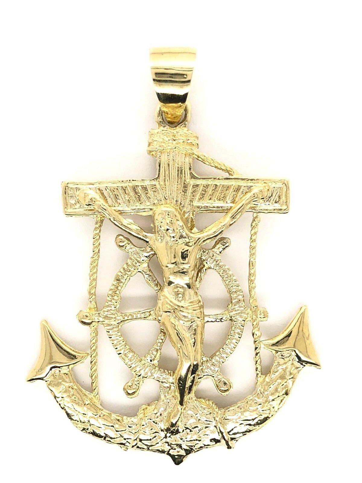 14k Yellow Gold Jesus Christ Crucifix Mariner Anchor Pendant 2.38" 16 grams
