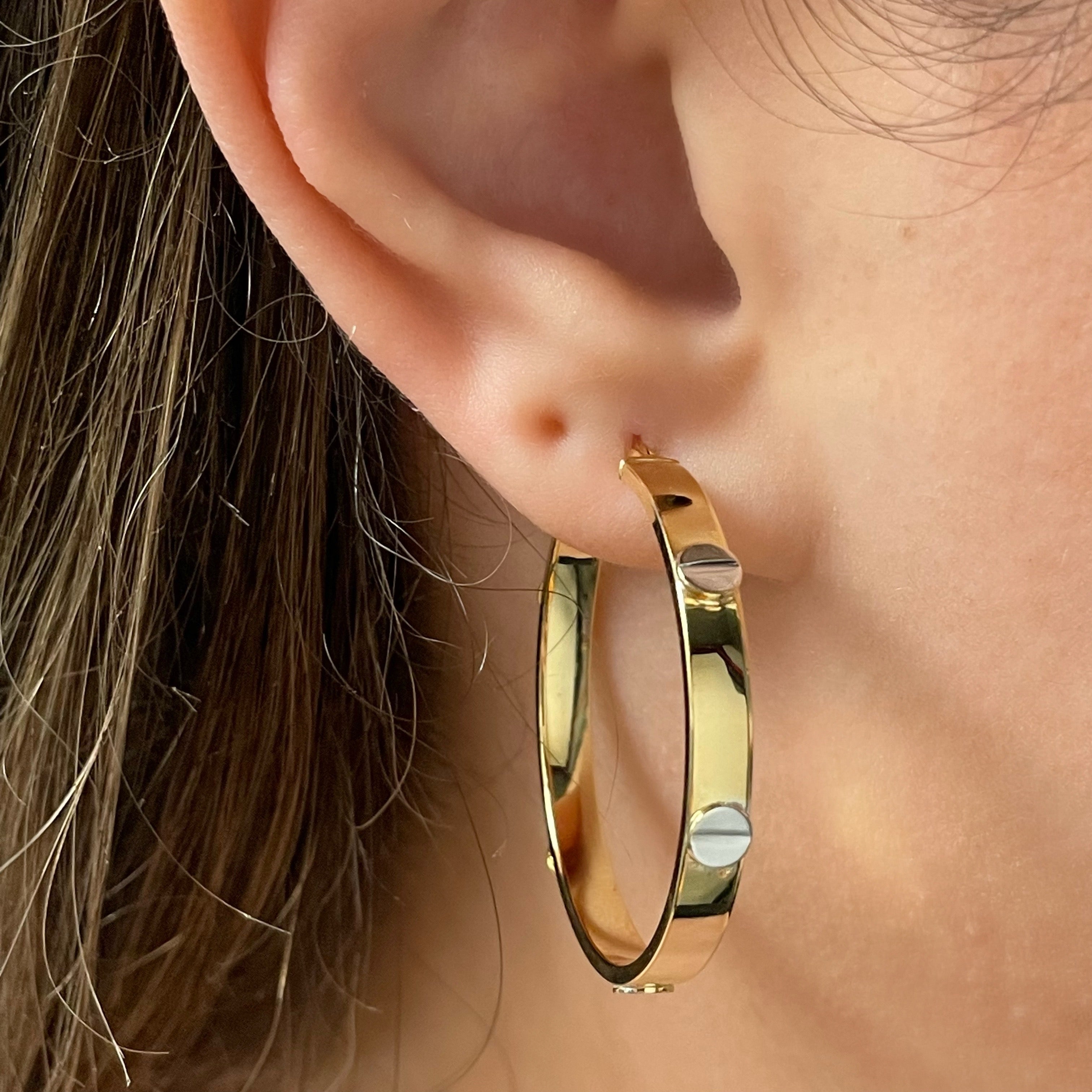 Italian 14k Yellow & White Gold Love Screw Design Large Hollow Hoop Earrings - Style3 Large