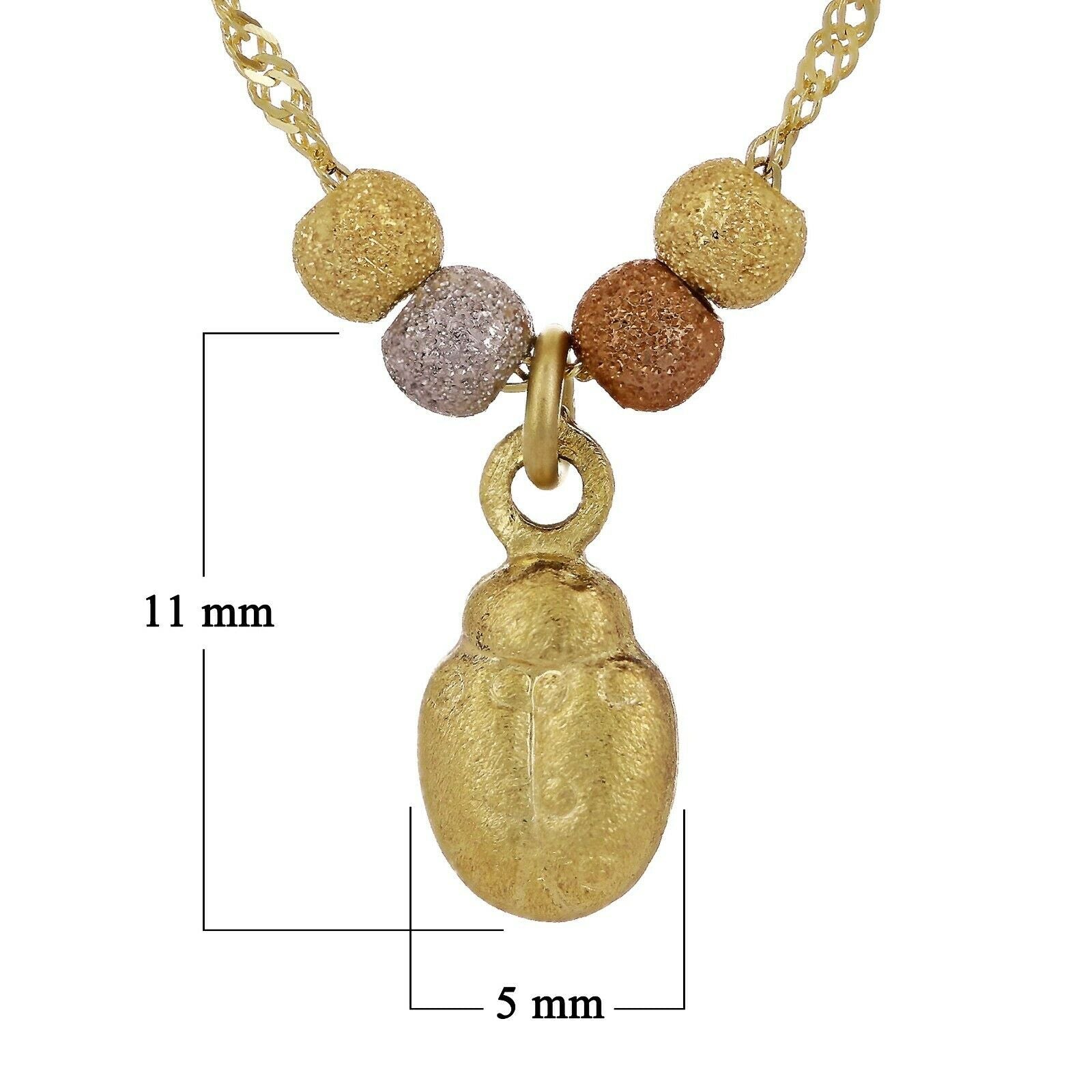 14k Tri Color Gold Ball Beads & Lady Bug Charm Pendant w/ 17" Singapore Necklace