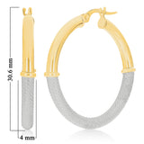 Italian 14k Yellow & White Gold Waffle Texure & Shine Hollow Hoop Earrings 1.2"