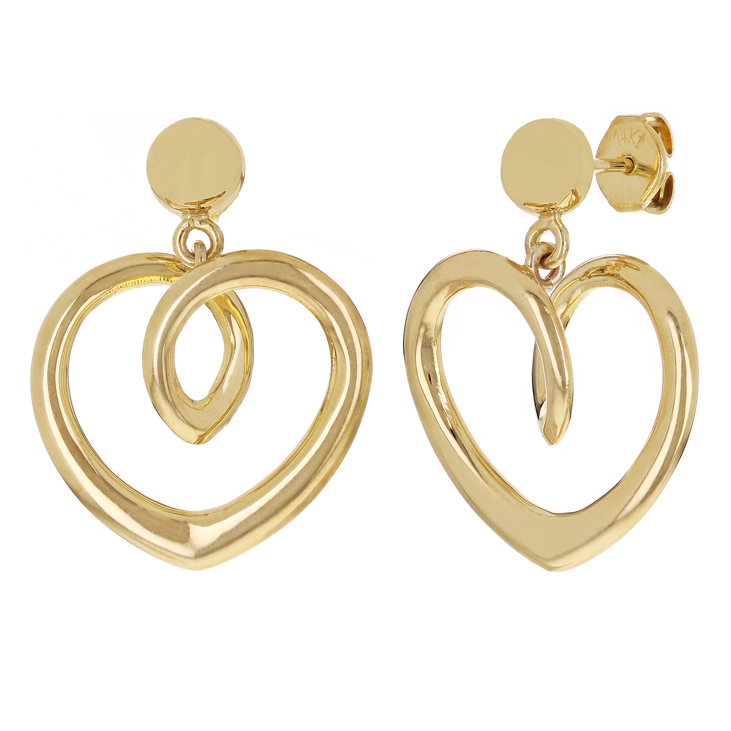 14k Yellow Gold Heart Drop Dangle Earrings 1." 6 grams