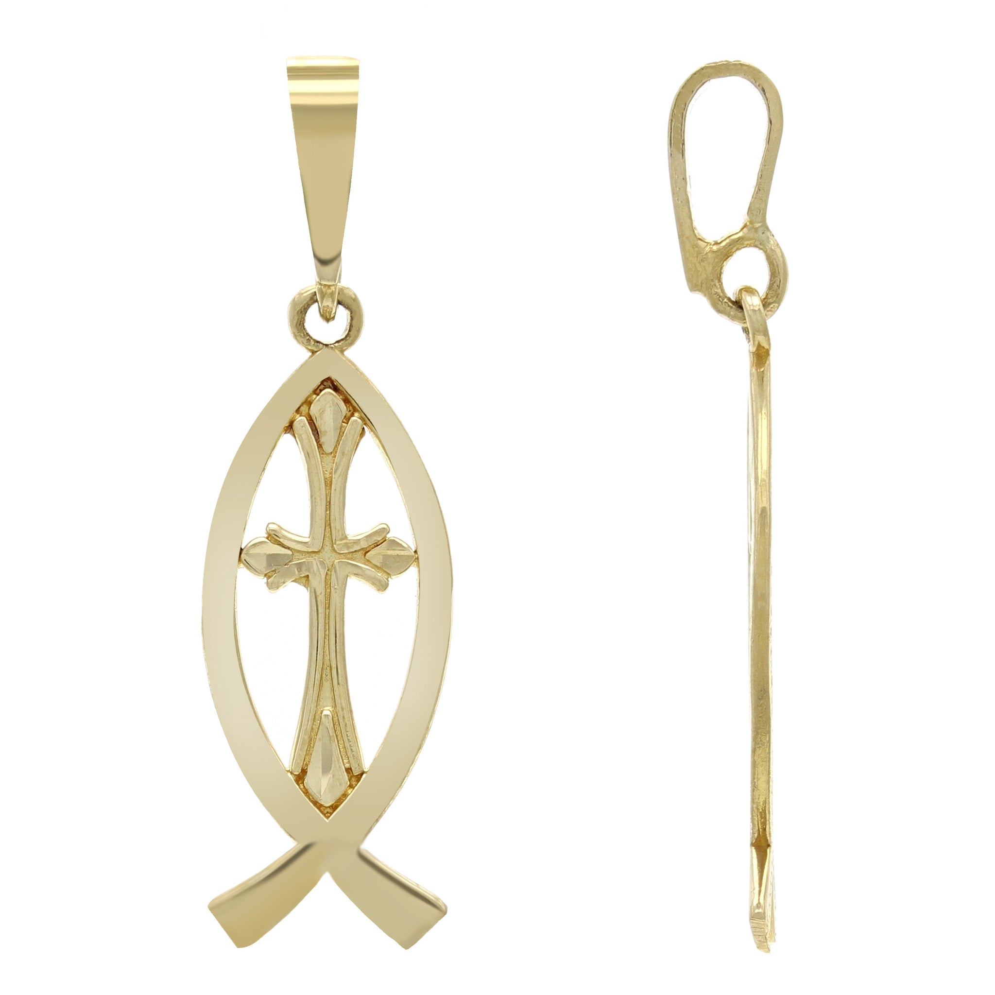 14k Yellow, White or Rose Gold Scrolled Cross in Ichthys Fish