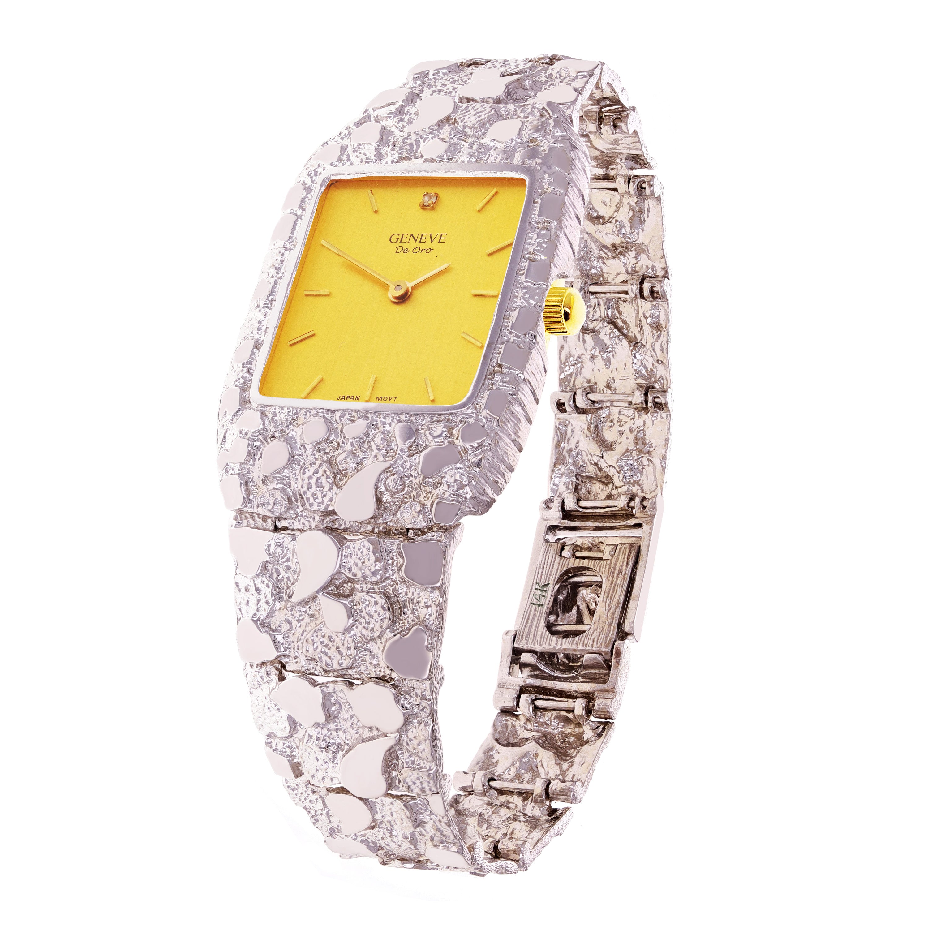 14k White Gold Nugget Link Wrist Band Geneve Diamond Watch 8.5"-9" 61.7 grams