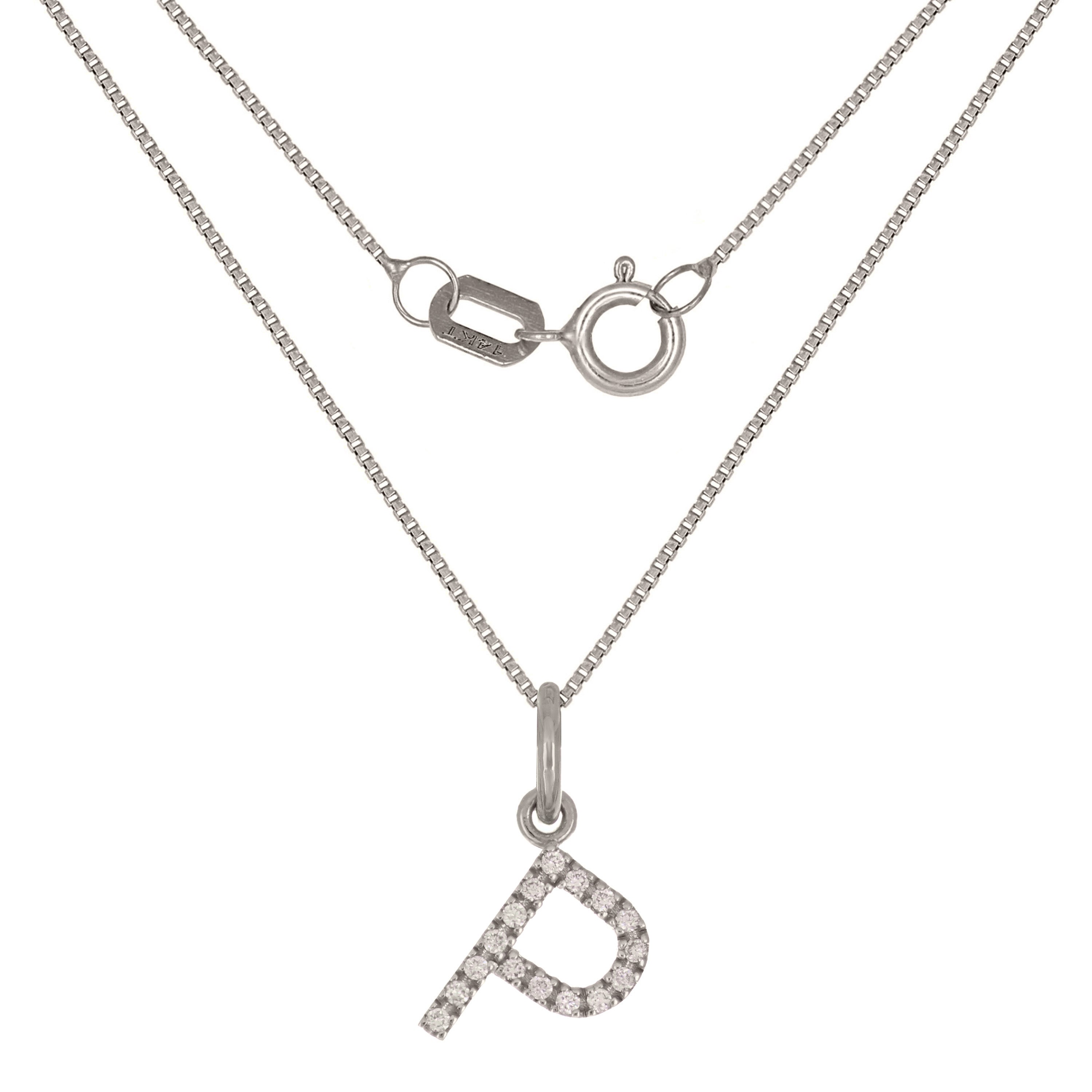 14k White Gold Diamond Initial Letter P Charm Pendant Necklace 18" - Letter P,White