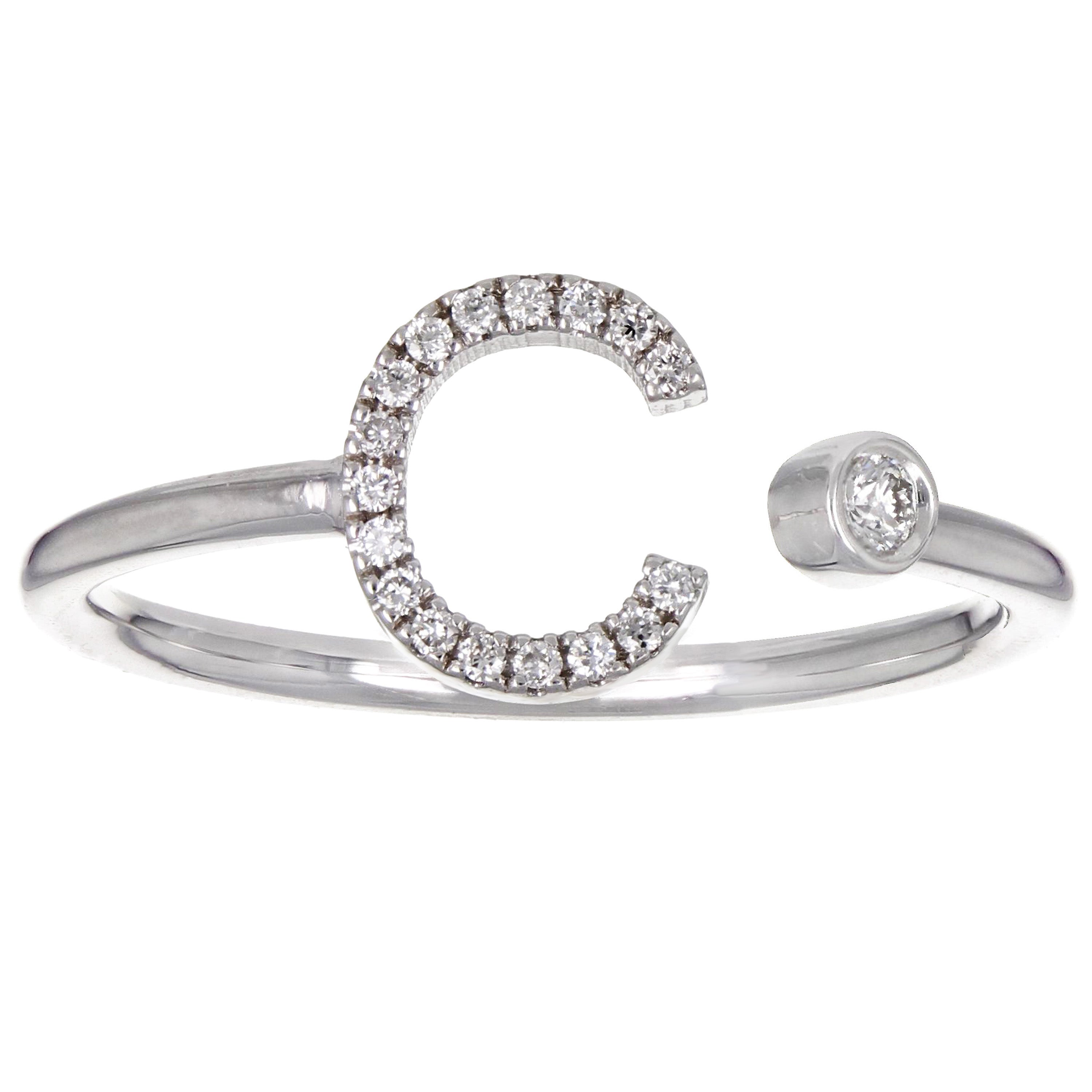 14k White Gold Diamond Initial Letter C Ring Size 6 - Letter C,White