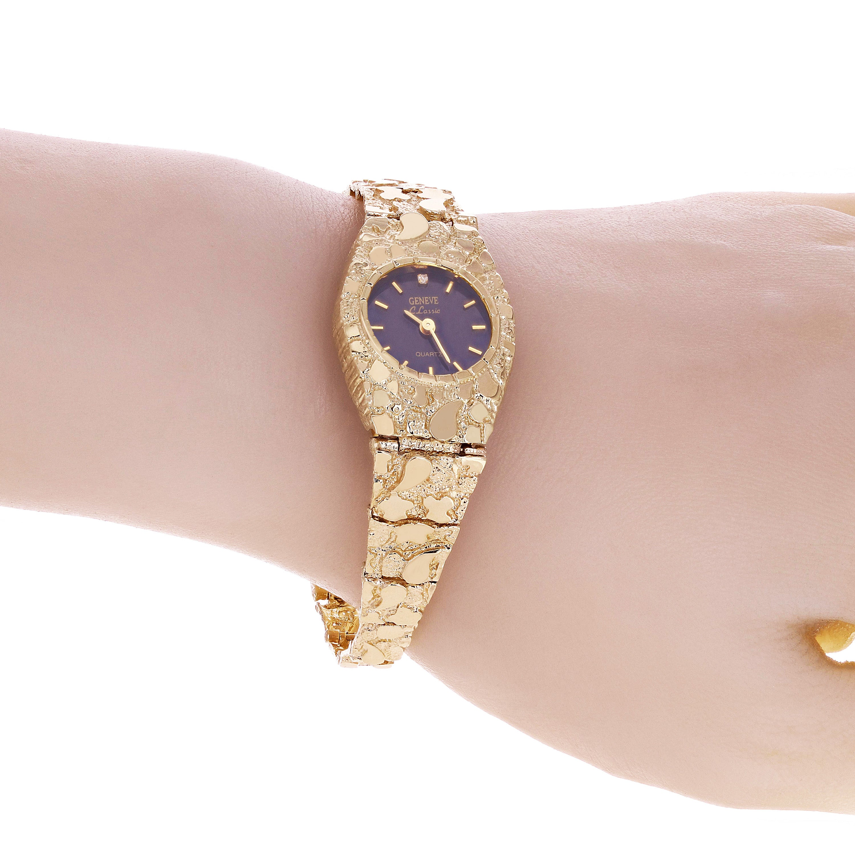 Women's 10k Yellow Gold Nugget Link Bracelet Geneve Wrist Watch with Diamond 8"