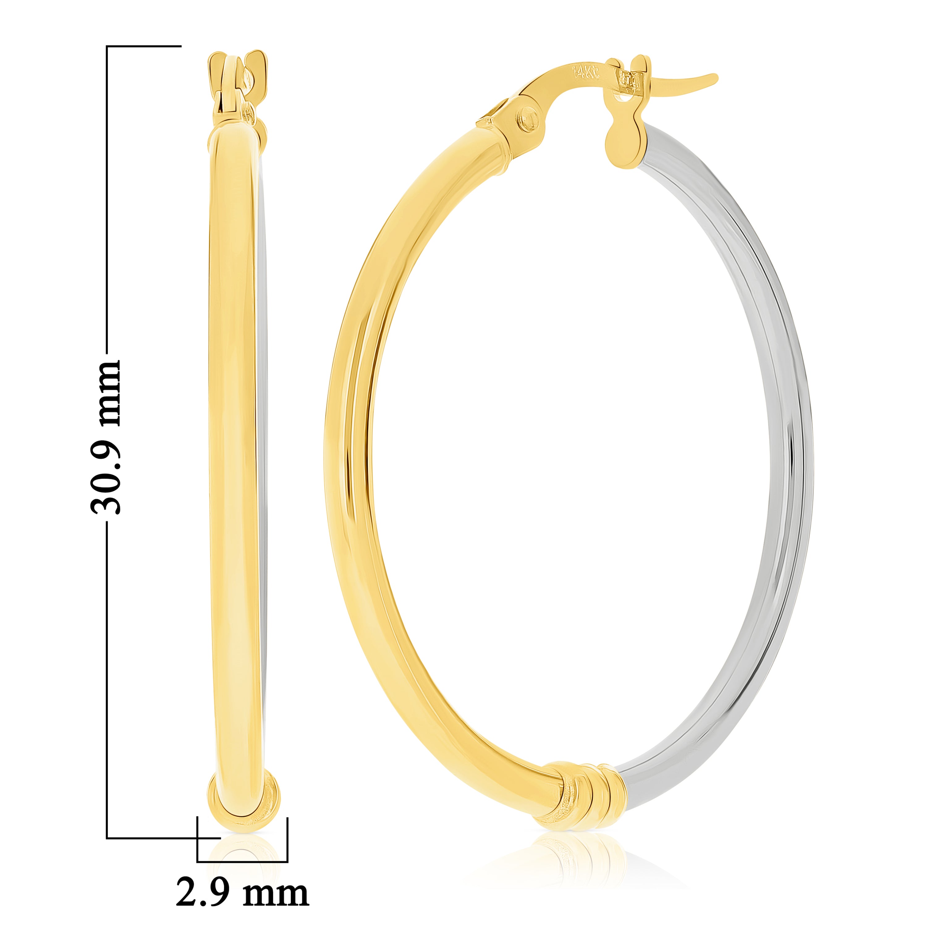 Italian 14k Yellow & White Gold Polished Hollow Large Hoop Earrings 1.2" 1.7gram