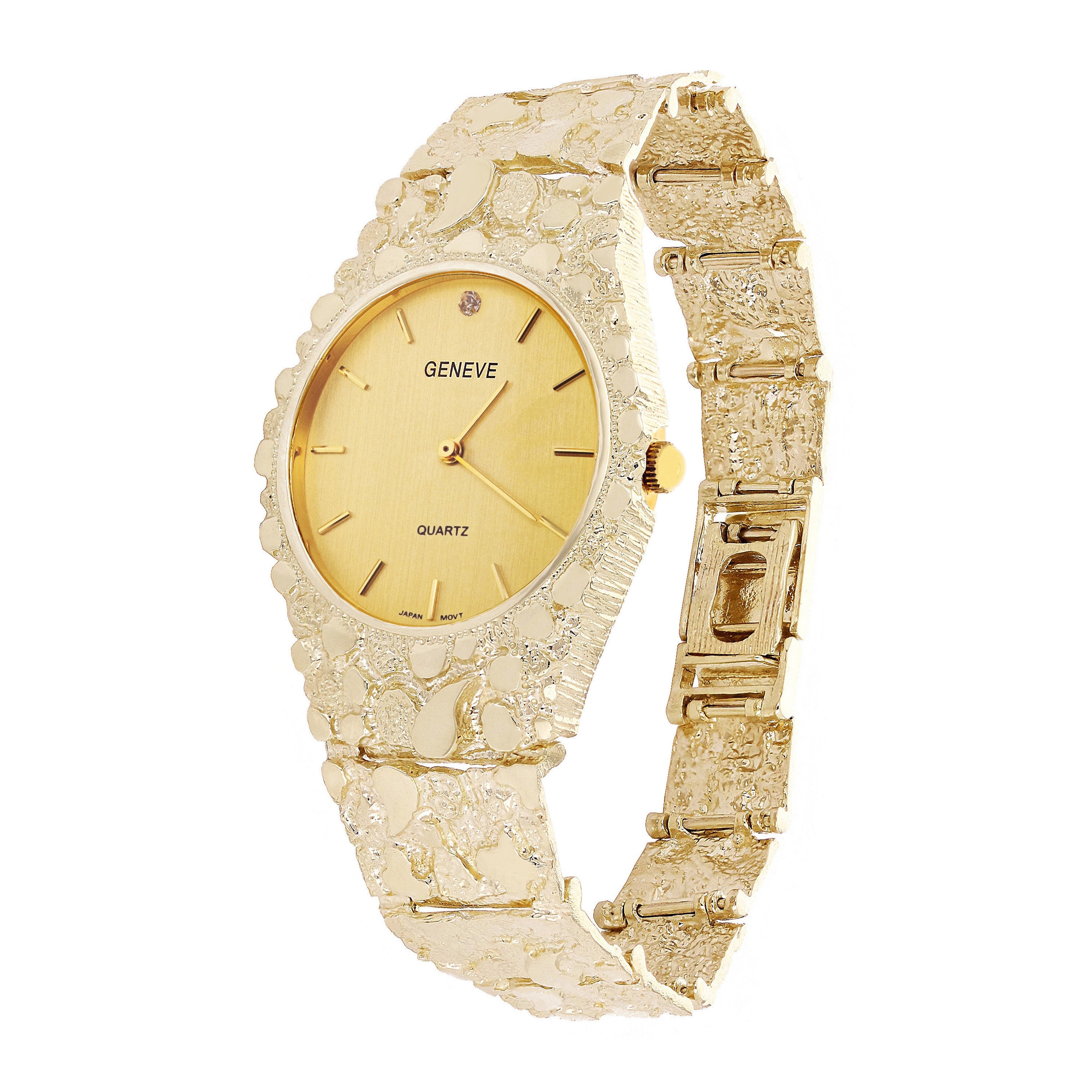 10k Yellow Gold Nugget Link Wrist Band Geneve Diamond Watch 7.5-8" 50.4 grams