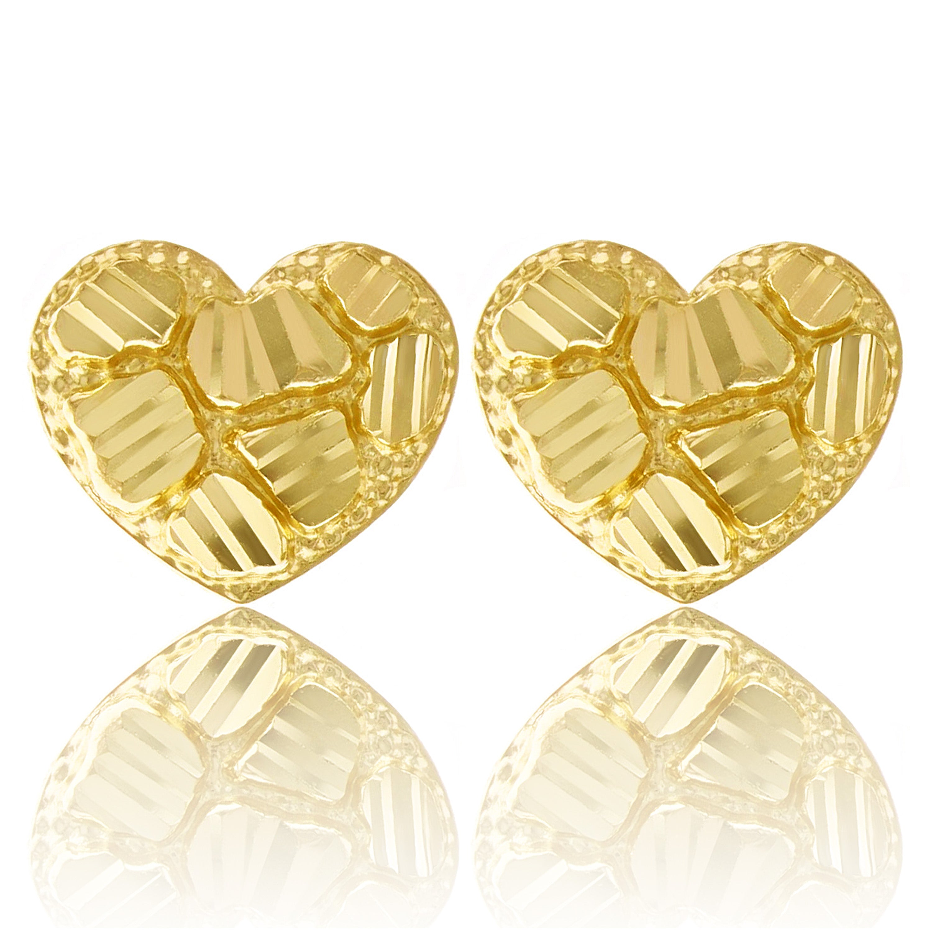 10k Yellow Gold Diamond Cut Nugget Heart Stud Earrings 10mm x 11.7mm 1.5 grams