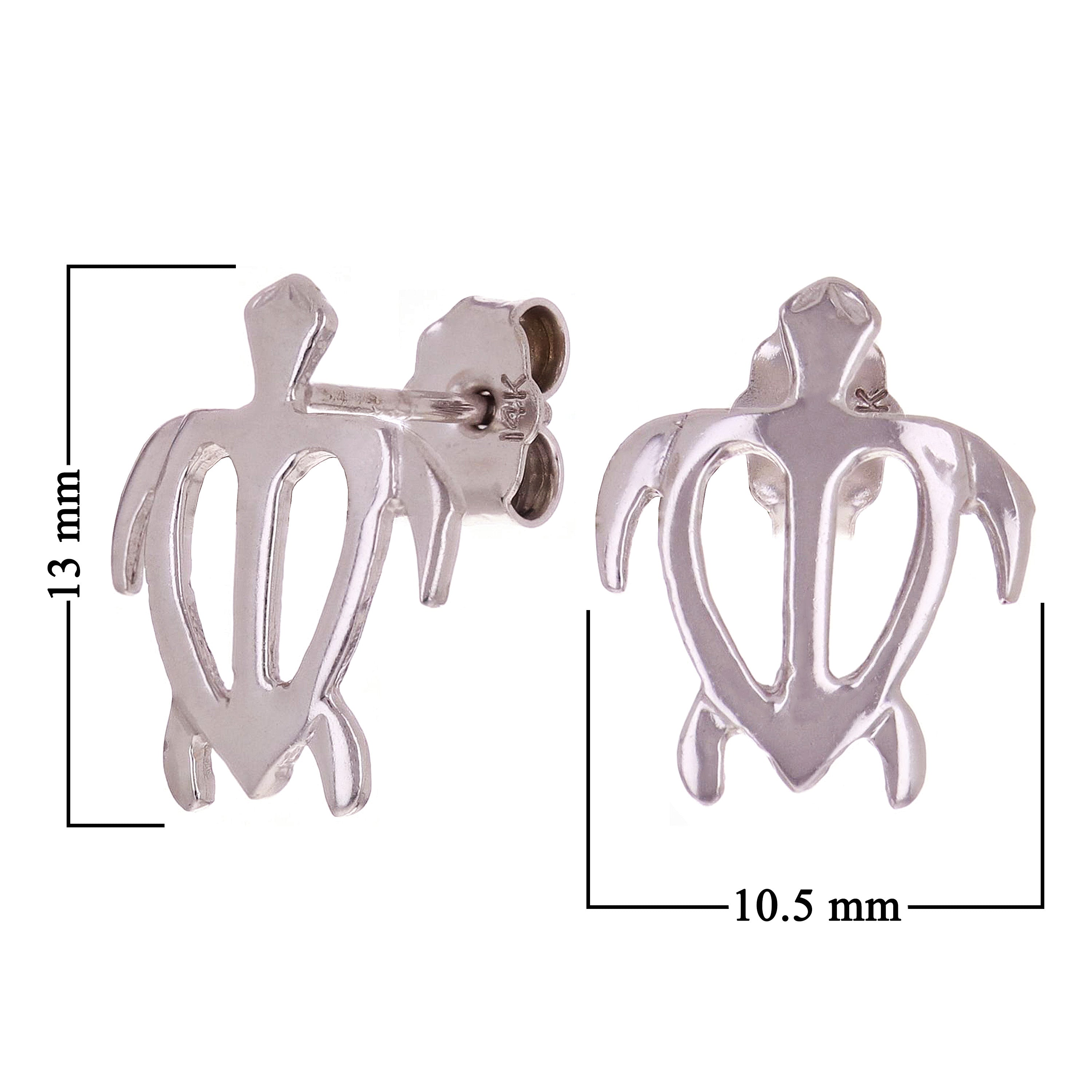 14k White Gold Hawaiian Sea Turtle Stud Earrings 13mm x 10.5mm 1.3 grams - Medium