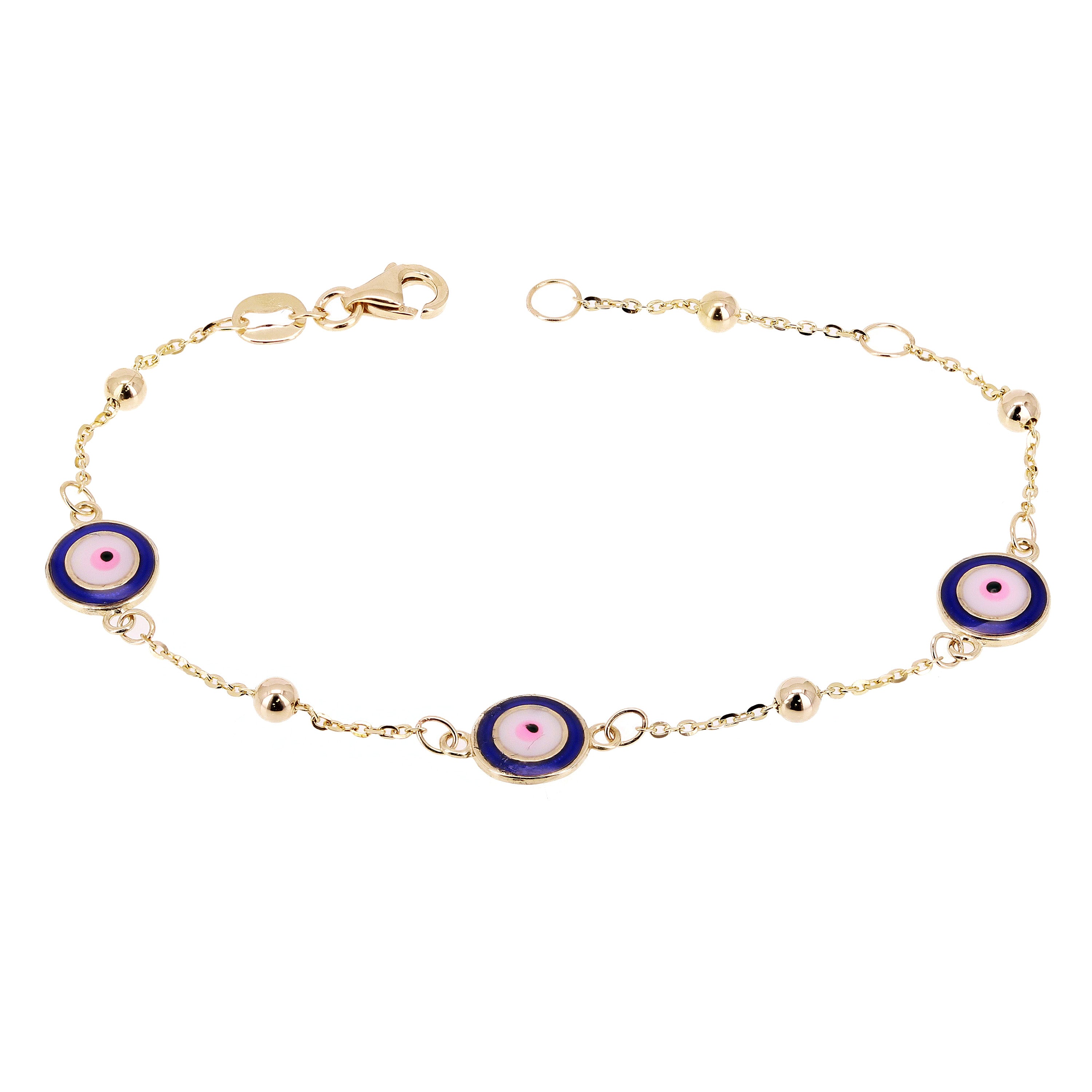 Italian 14k Yellow Gold Enamel Evil Eye Station Bracelet 7" 2.5 grams - 3 Round Dark Blue Eyes