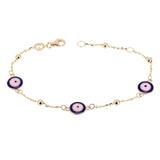 Italian 14k Yellow Gold Enamel Evil Eye Station Bracelet 7" 2.5 grams - 3 Round Dark Blue Eyes