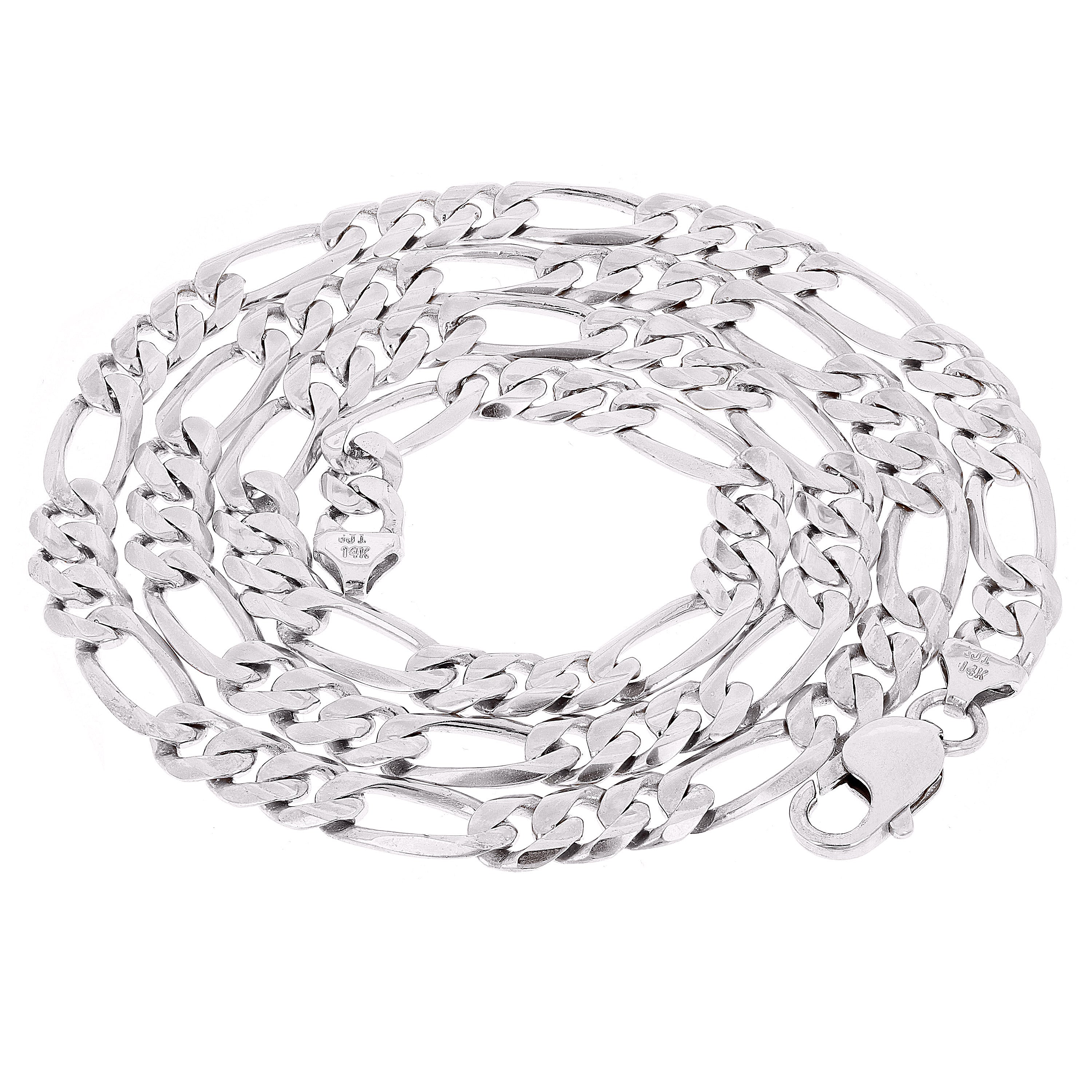 Men's 14k White Gold Solid Figaro Necklace Link Chain 20" 7.75mm 52 grams - White,20"