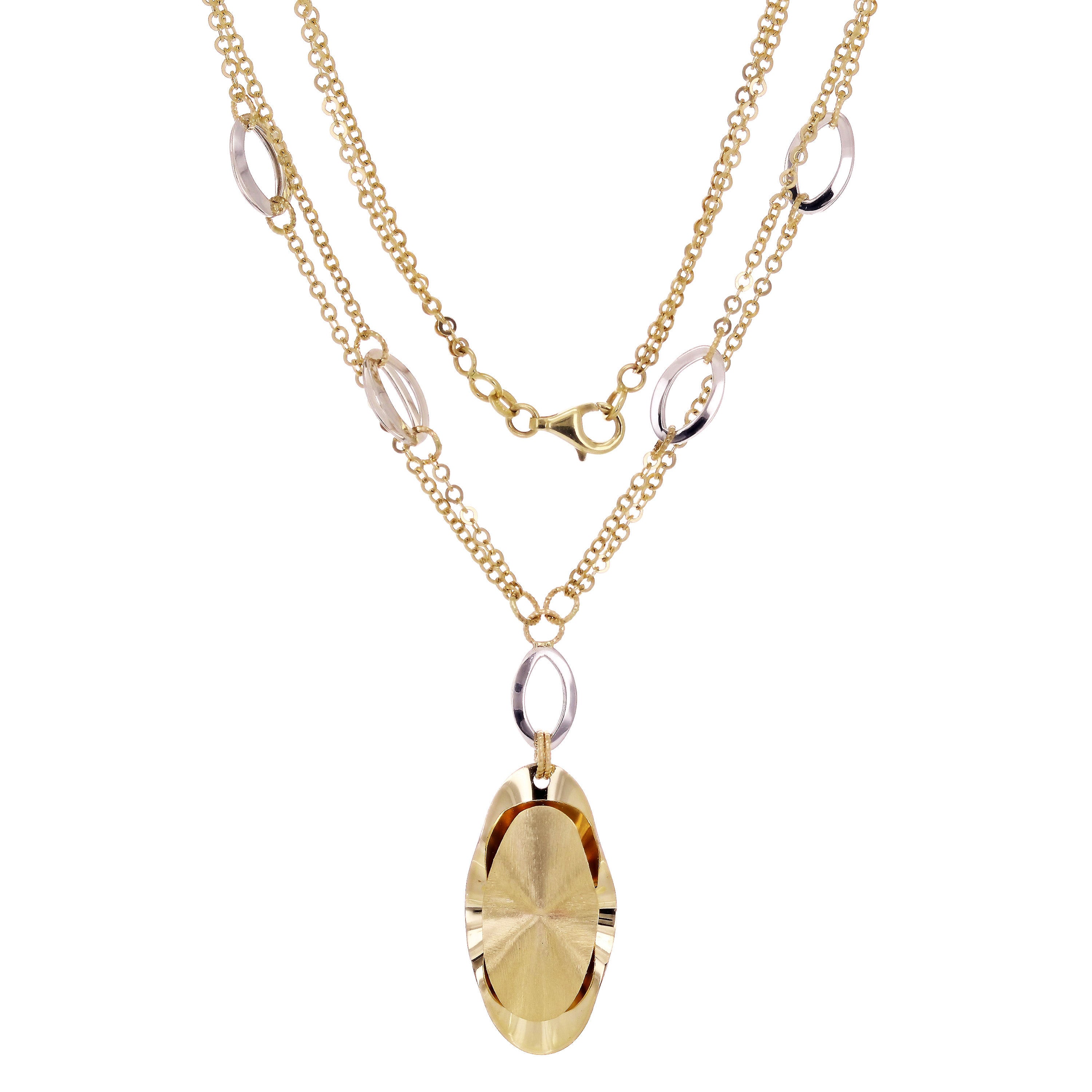 Italian 14k Two Tone Gold 17" Double Chain Necklace with Oval Drop Down Pendant